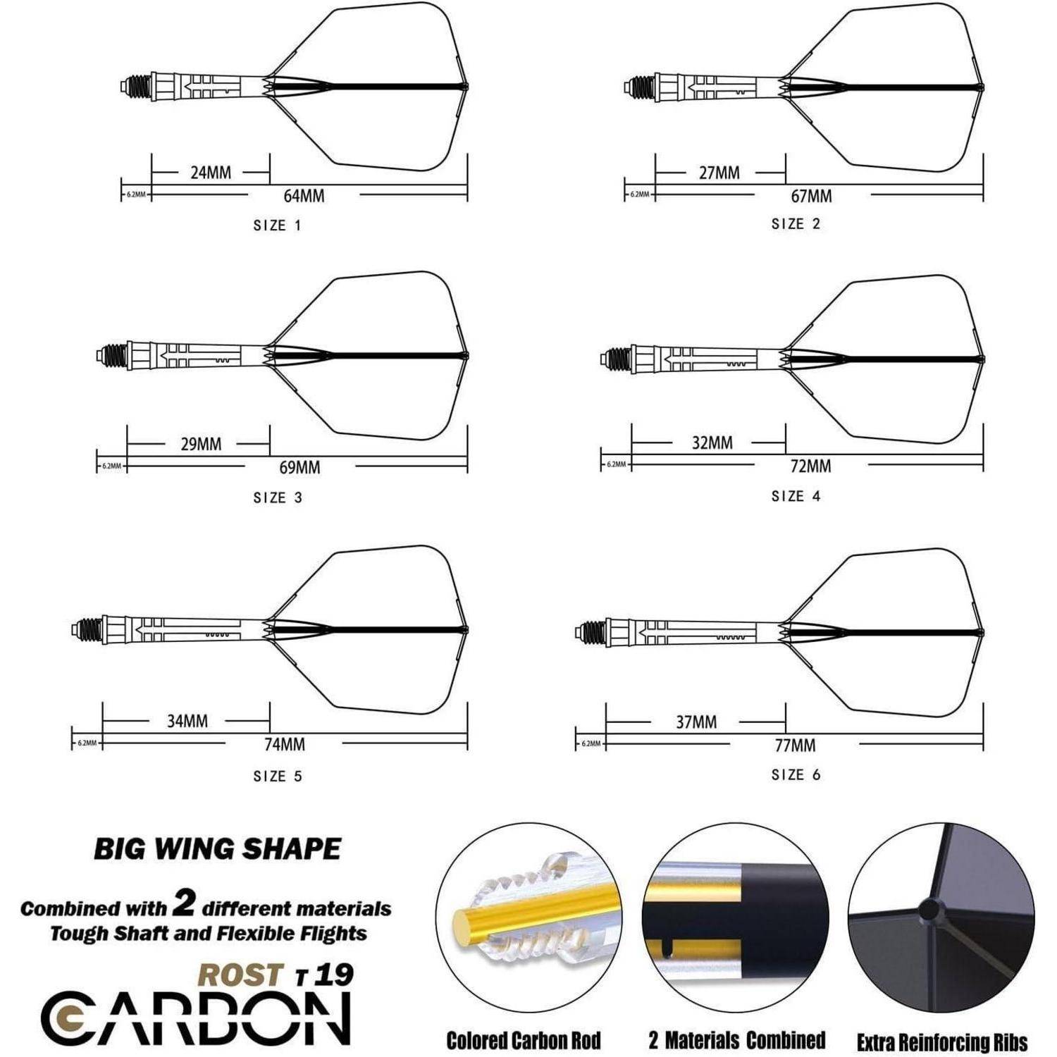 Dartpfeilflügel in den Größen 1-5, mit Maßangaben und Details: farbiger Carbonschaft, 2-Materialien-Kombination, zusätzliche Verstärkungsrippen.
