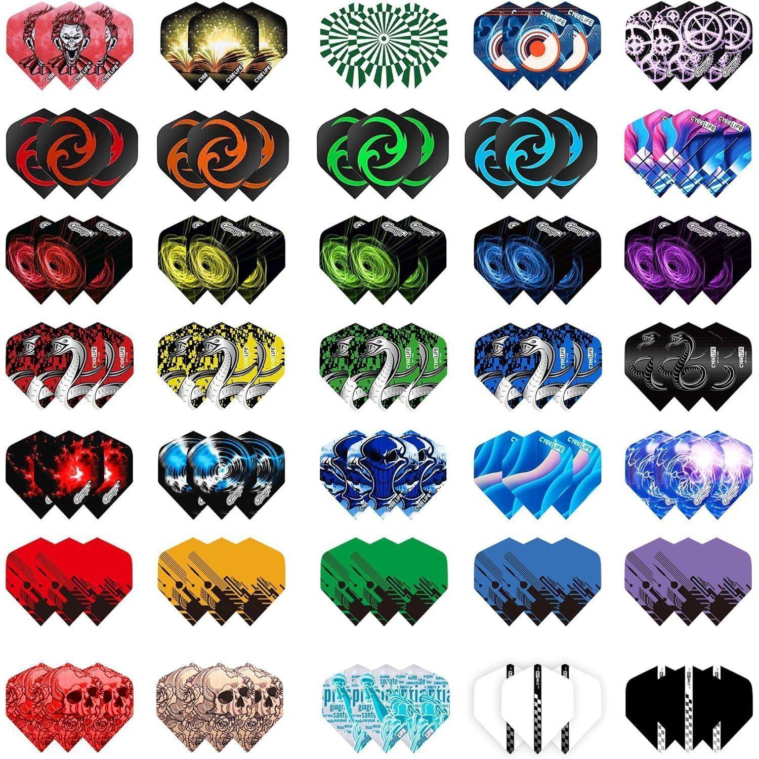Ein Raster aus bunten Dartflights mit verschiedenen Designs, darunter geometrische Muster, Totenköpfe, Flammen und abstrakte Kunst, die Anpassungsoptionen für Dartpfeile bieten.