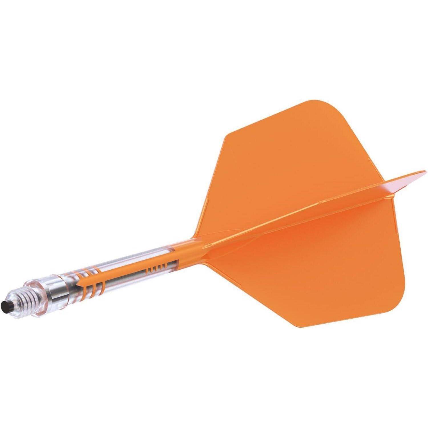 Ein orangefarbener Plastikpfeil mit einer Metallspitze und einem durchscheinenden Schaft, der für die Verwendung auf Dartscheiben konzipiert ist, vor einem weißen Hintergrund präsentiert.
