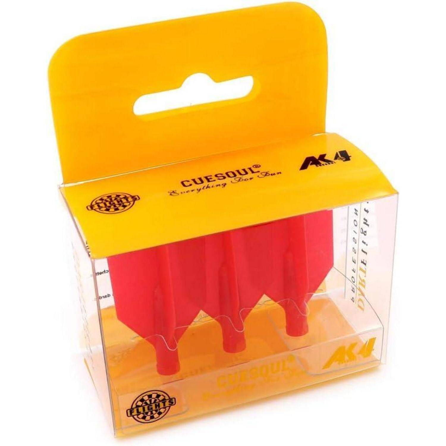 Eine Packung roter Queue-Spitzen in einer transparenten Box mit einem gelben Deckel, beschriftet mit 'CUESOUL' und 'AK4'.