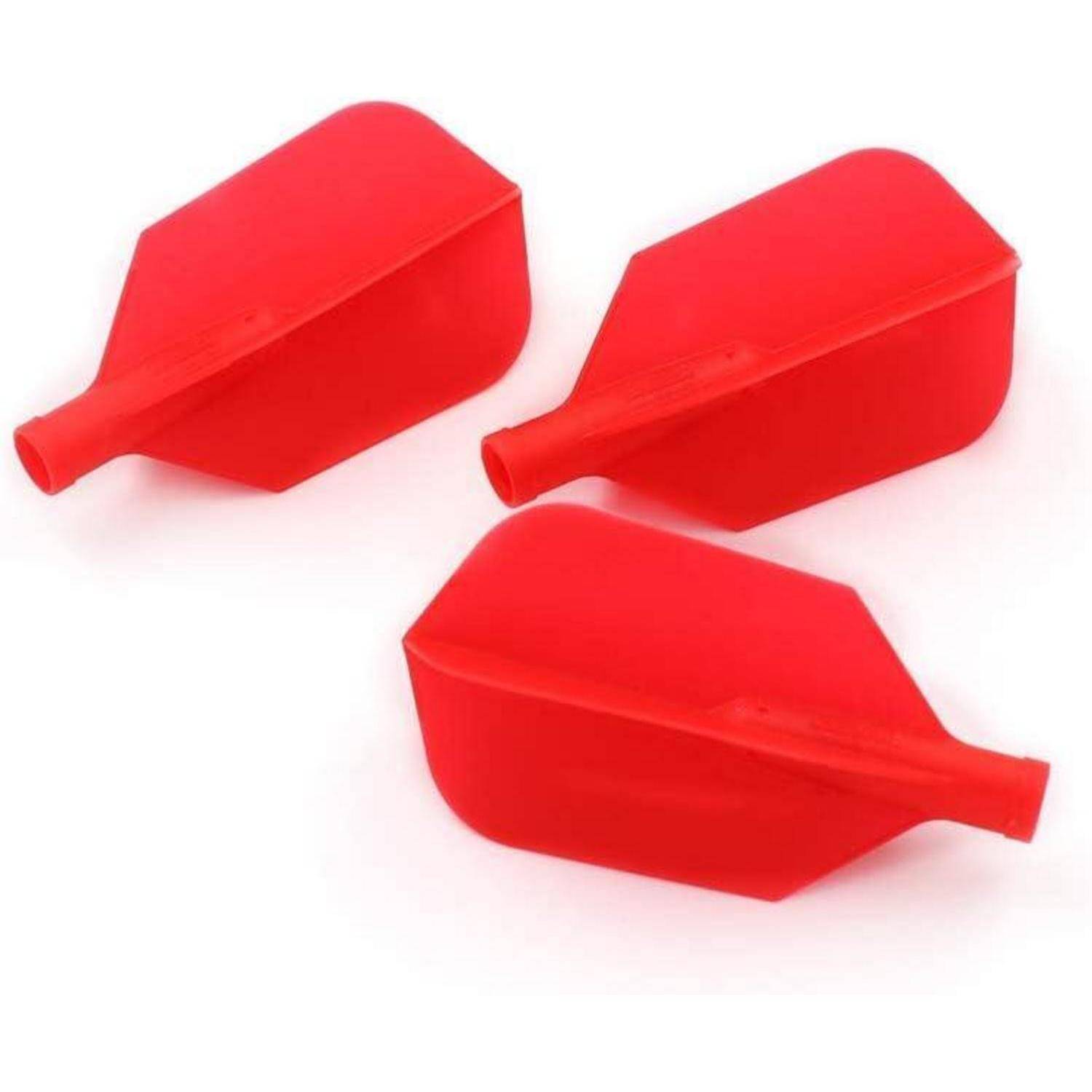 Drei rote Plastiklöffel, auf einem weißen Hintergrund angeordnet, jeder mit konischer Form und Griff, verwendet zum Messen oder Übertragen von Materialien.