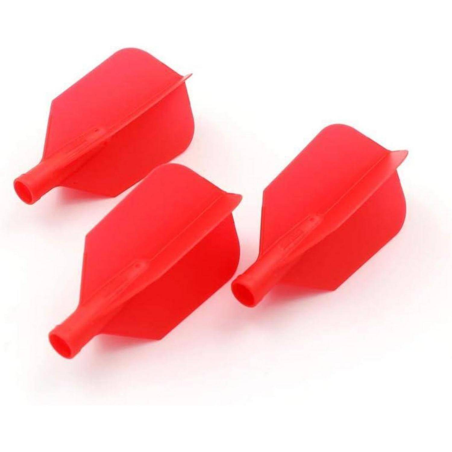 Drei rote Dartflügel, die in Fächerform angeordnet sind und darauf hindeuten, dass sie leicht und aerodynamisch für die Befestigung an Dartpfeilen konzipiert sind.
