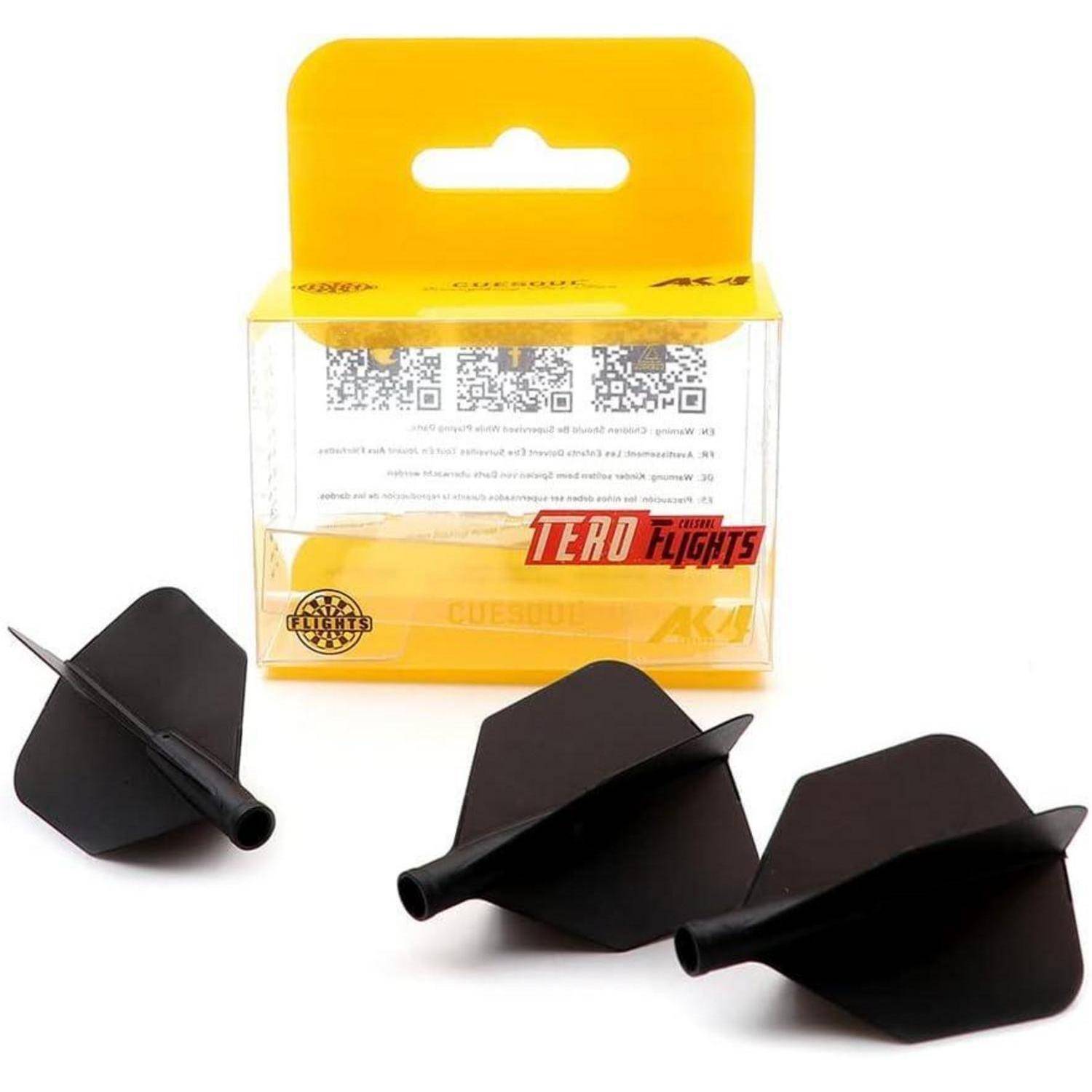 Dart-Flügel und -Schäfte in Schwarz, mit einer gelben Verpackung mit der Aufschrift 