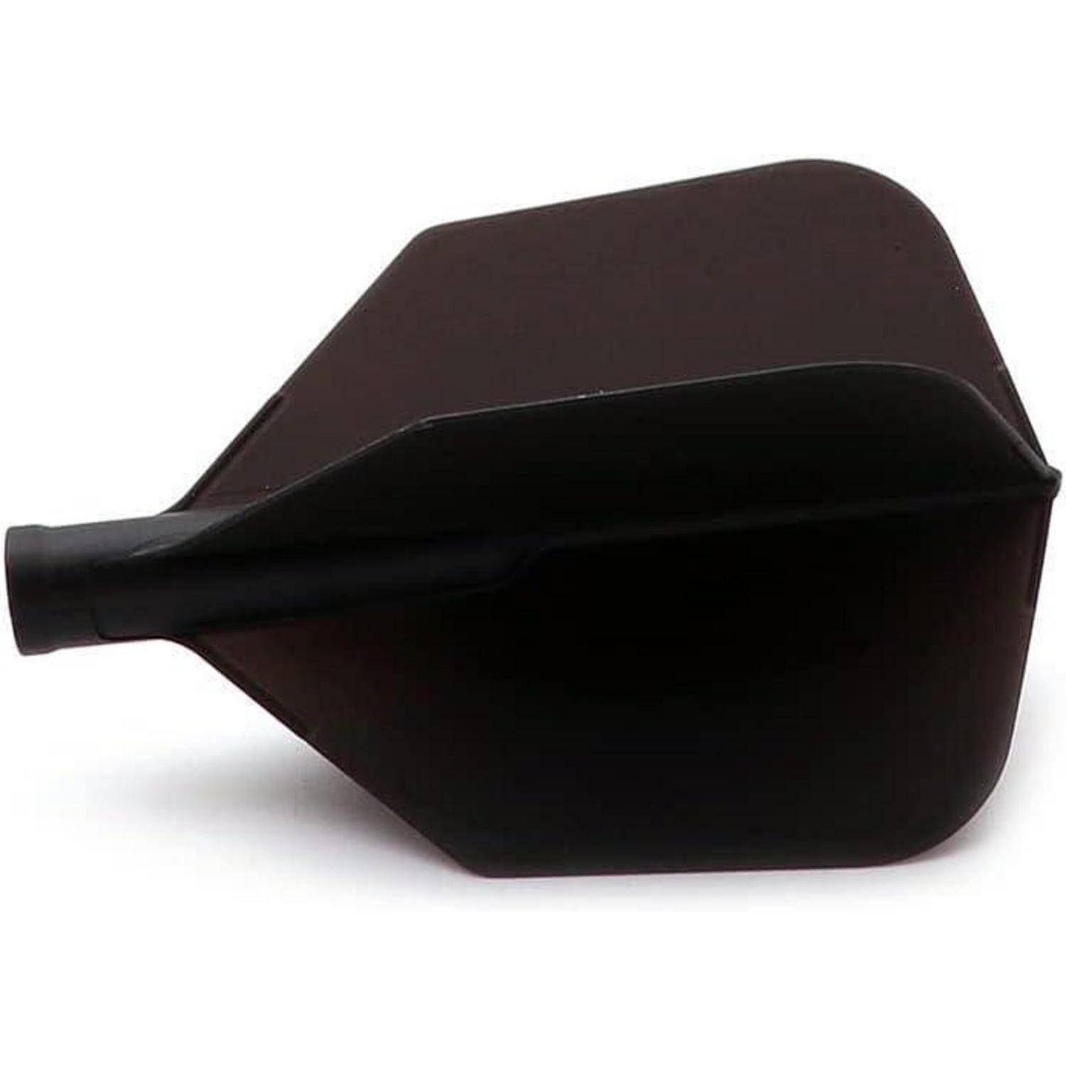 Ein schwarzer Plastik-Kehrschaufel, der auf der Seite liegt, mit dem Griff nach links. Er hat eine tiefe Mulde zum Aufsammeln von Schmutz und Abfällen.