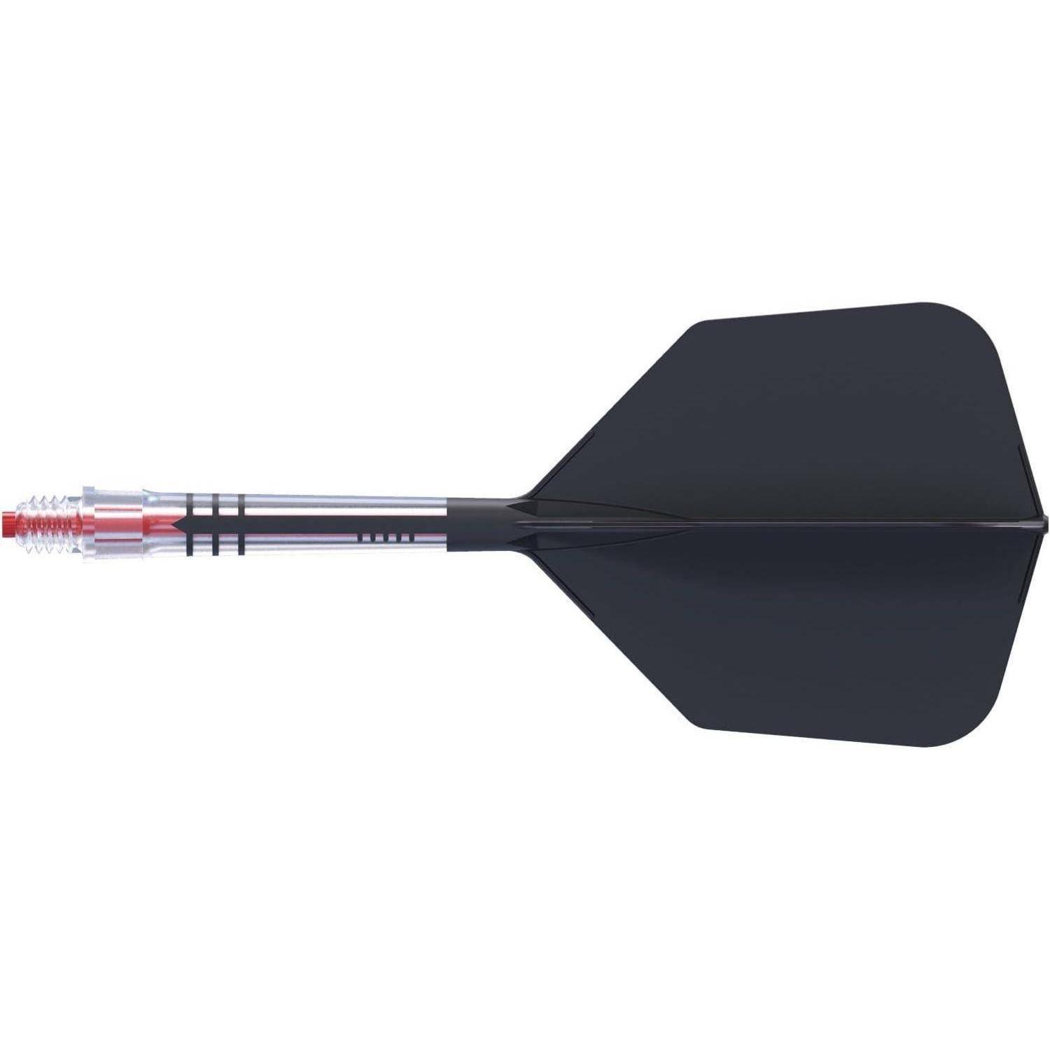 Ein Dart mit einem silbernen Schaft und schwarzen Flights, horizontal vor einem einfarbigen Hintergrund positioniert.