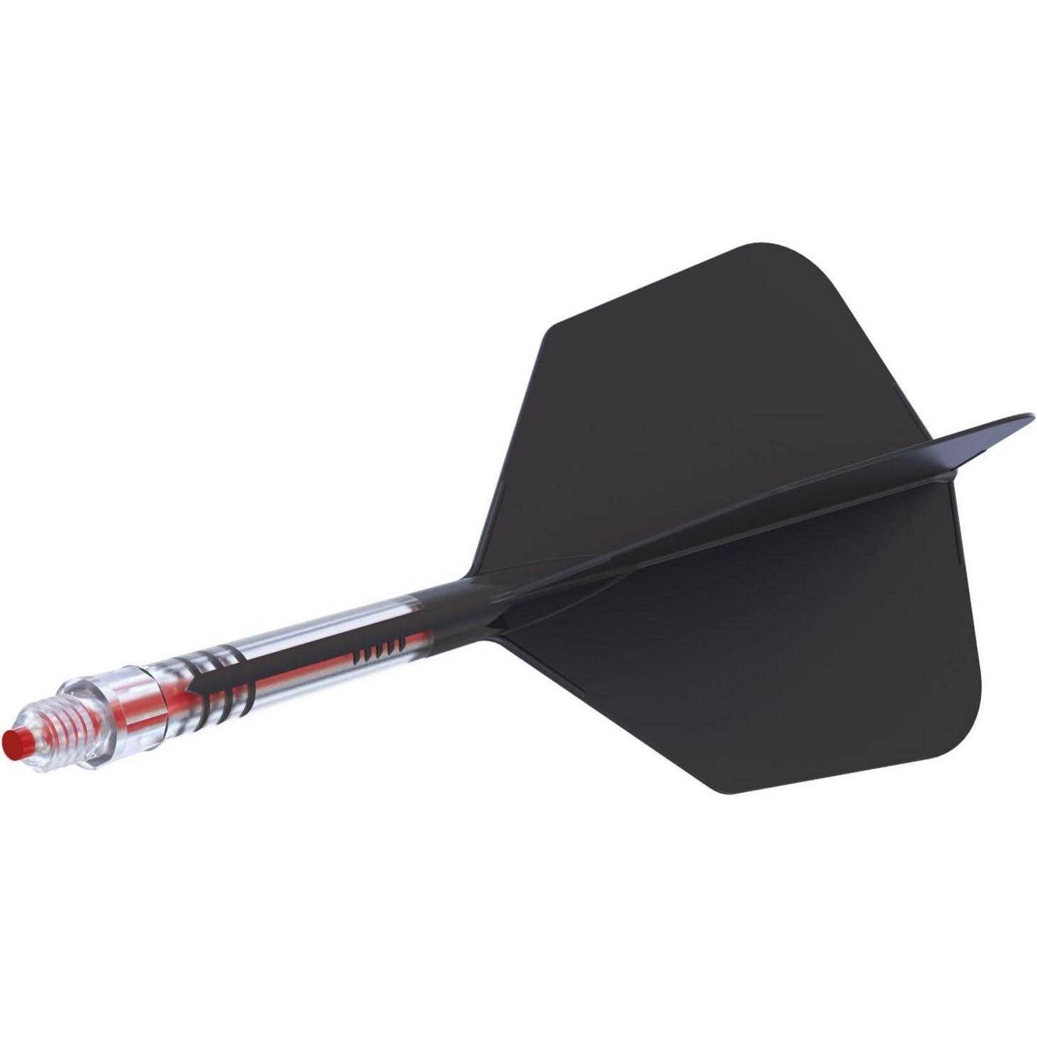 Ein schwarzer Pfeil mit roter Spitze und transparentem Schaft, konzipiert für Dartspiele.
