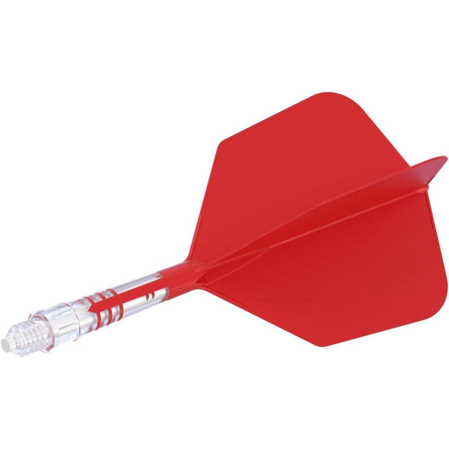 Ein roter Pfeil mit einem Plastikschaft und Flügeln, der für Dartspiele verwendet wird, vor einem weißen Hintergrund isoliert.