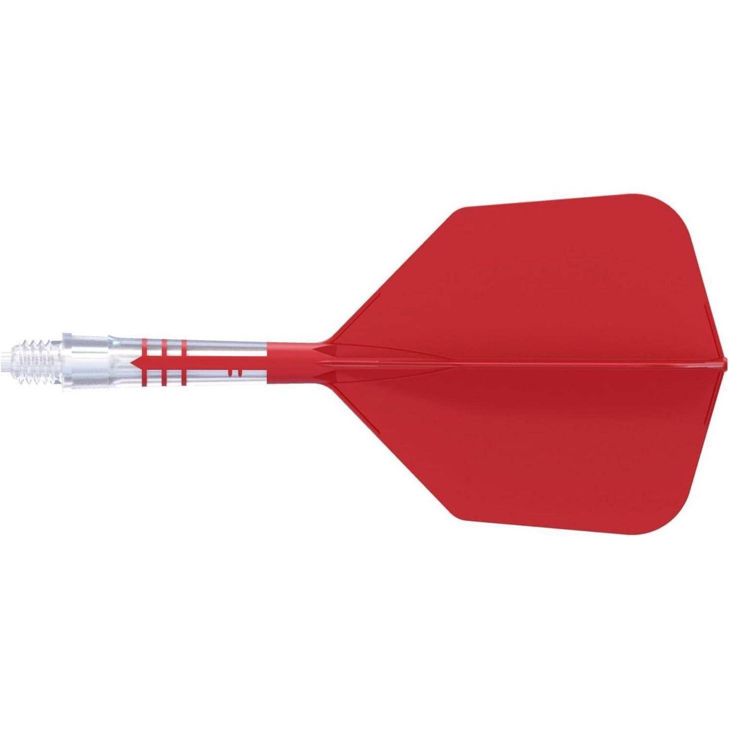 Ein roter Dart mit einem durchsichtigen Schaft und einer spitzen Spitze, konzipiert für die Verwendung in Dartspielen.
