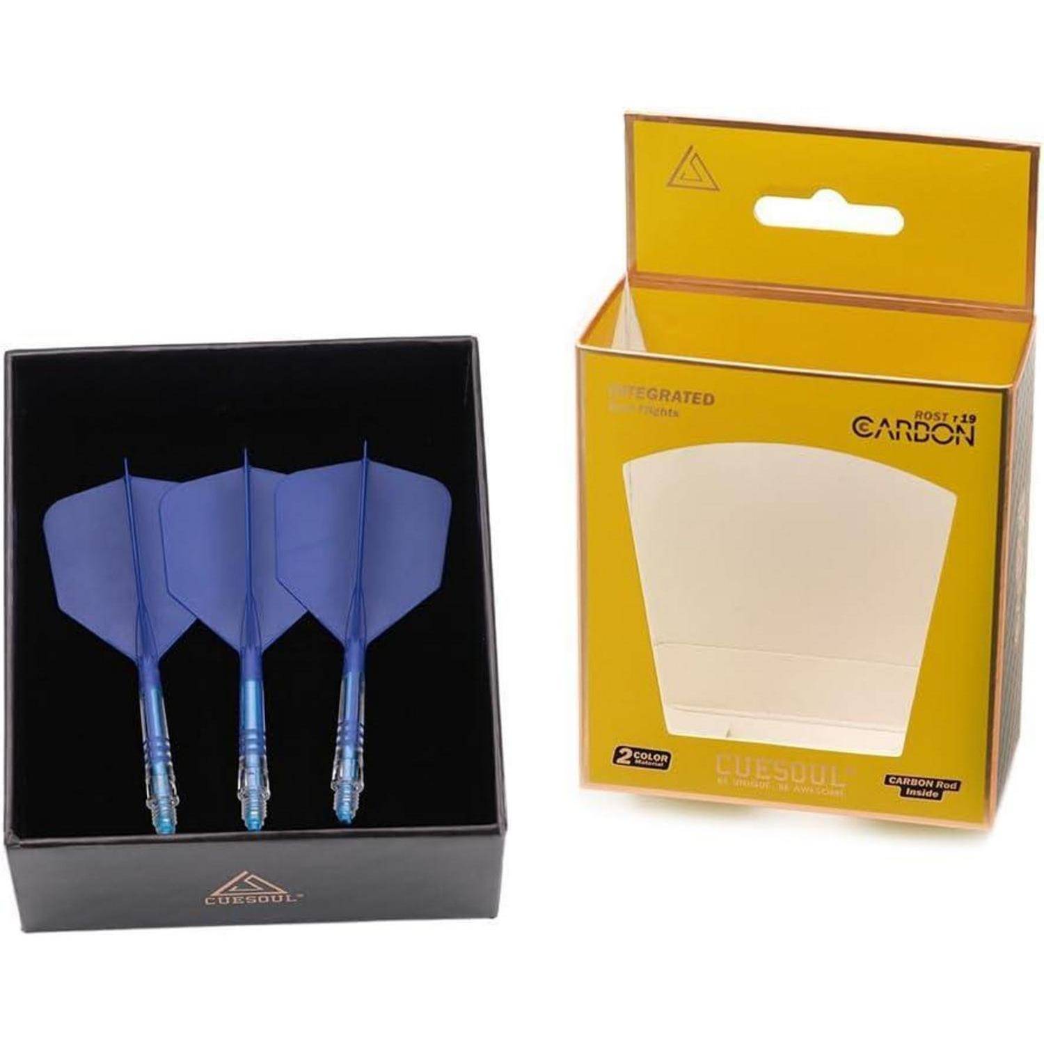 Dartset mit drei blauen Pfeilen in einer schwarzen Box und einer geöffneten gelben Verpackungsbox daneben, beschriftet mit 'Cuesoul'.