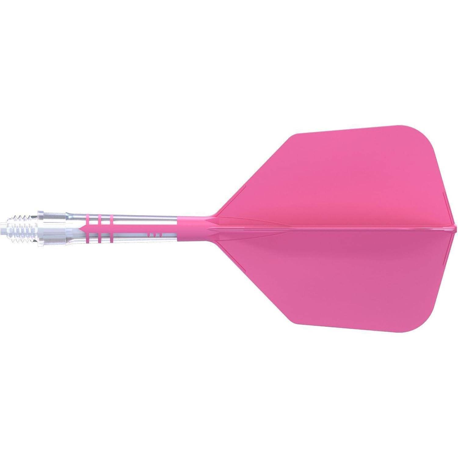 Ein rosa Pfeil mit einem metallischen Schaft und Gummistabilisierungsflügeln, horizontal auf einem weißen Hintergrund positioniert, der seine aerodynamische Form hervorhebt.