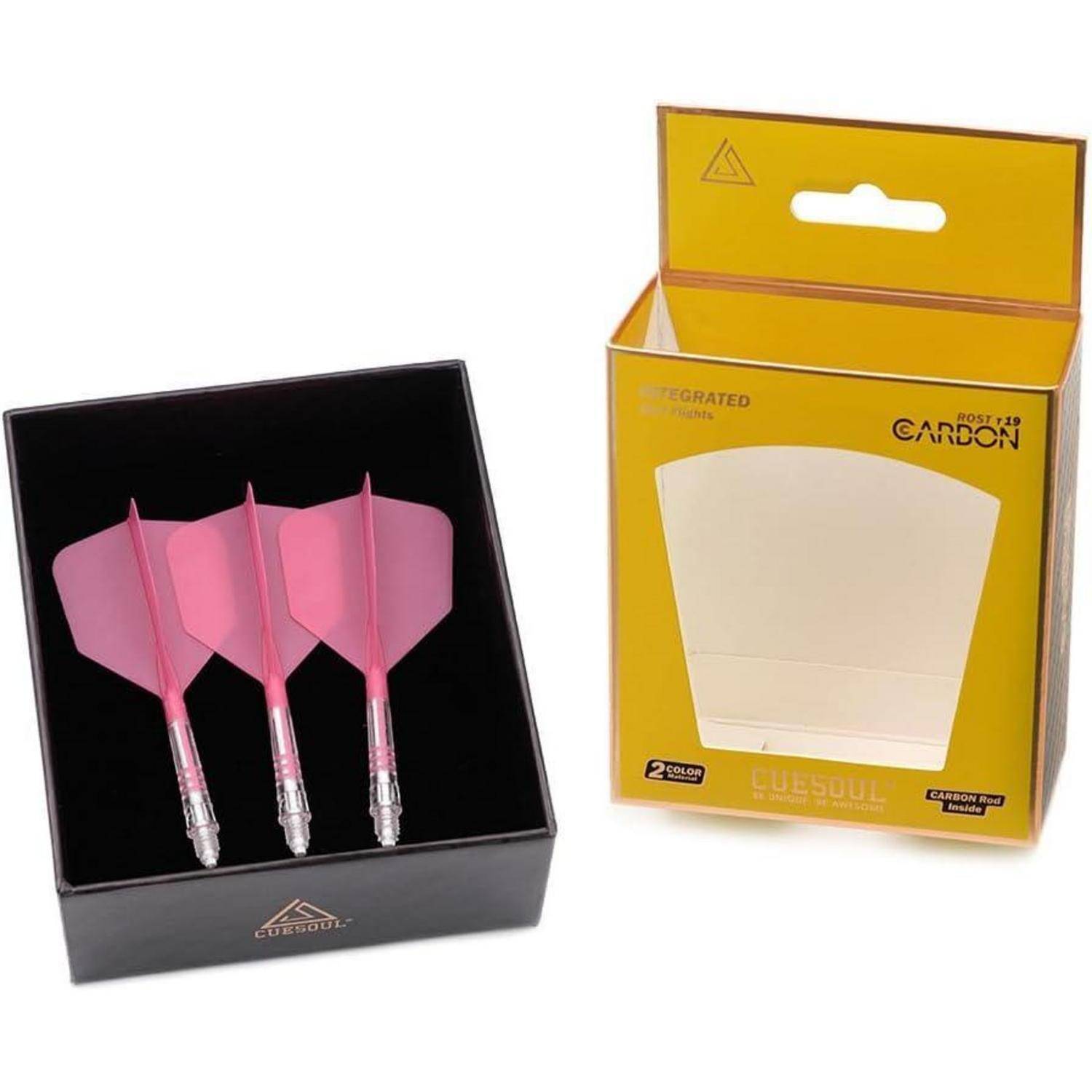 Ein Set aus drei rosa Pfeilen mit Aluminiumschäften und integrierten Flügeln wird neben ihrer gelb-schwarzen Verpackung präsentiert.