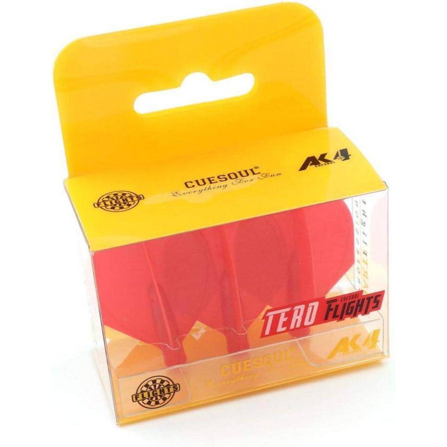 Rote Dart-Flys in einer durchsichtigen, gelb-getoppten Box mit der Aufschrift 'Cuesoul AK4', entwickelt zur Verbesserung der Dart-Leistung.