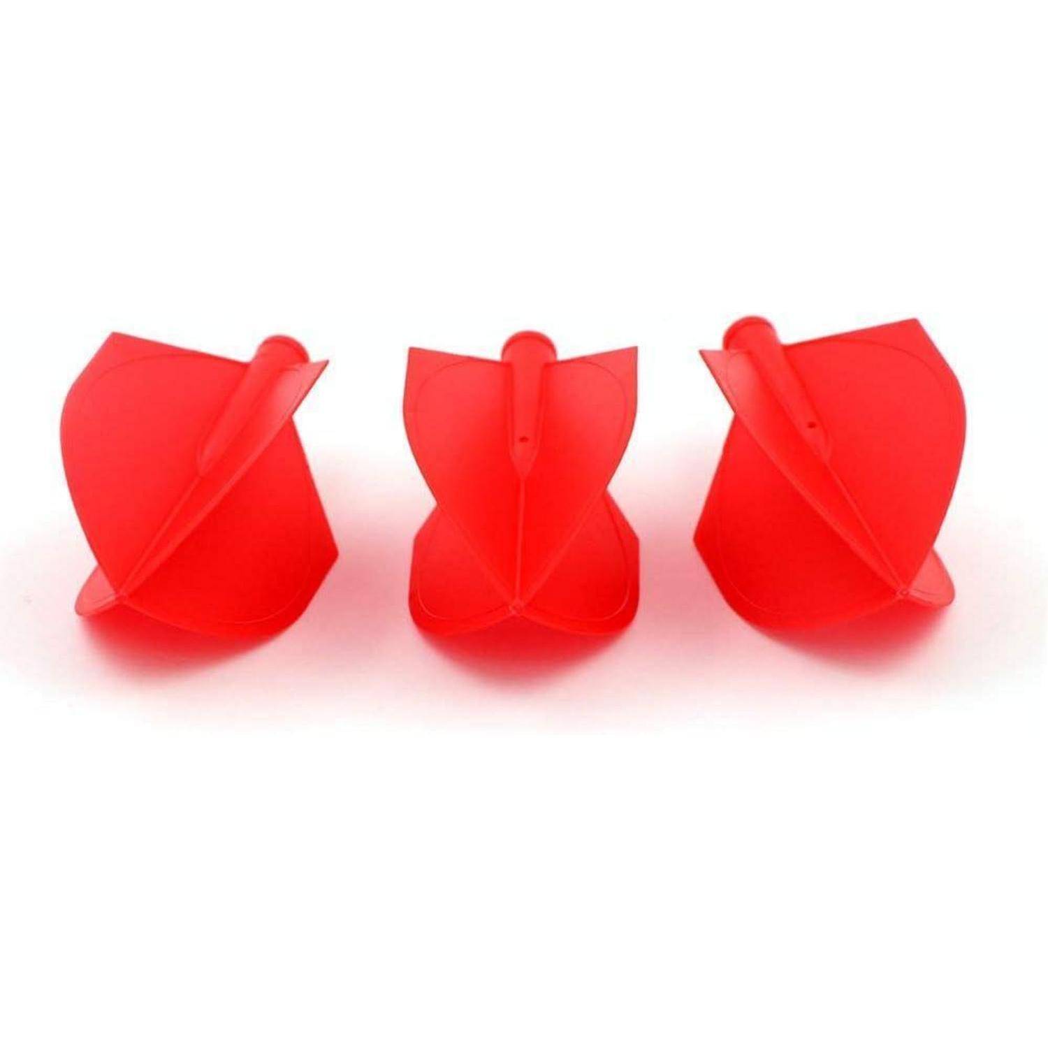 Drei rote, konische Weinglas-Halter, geformt zum Aufsetzen auf die Armlehne eines Liegestuhls, in einer Reihe auf weißem Hintergrund präsentiert.