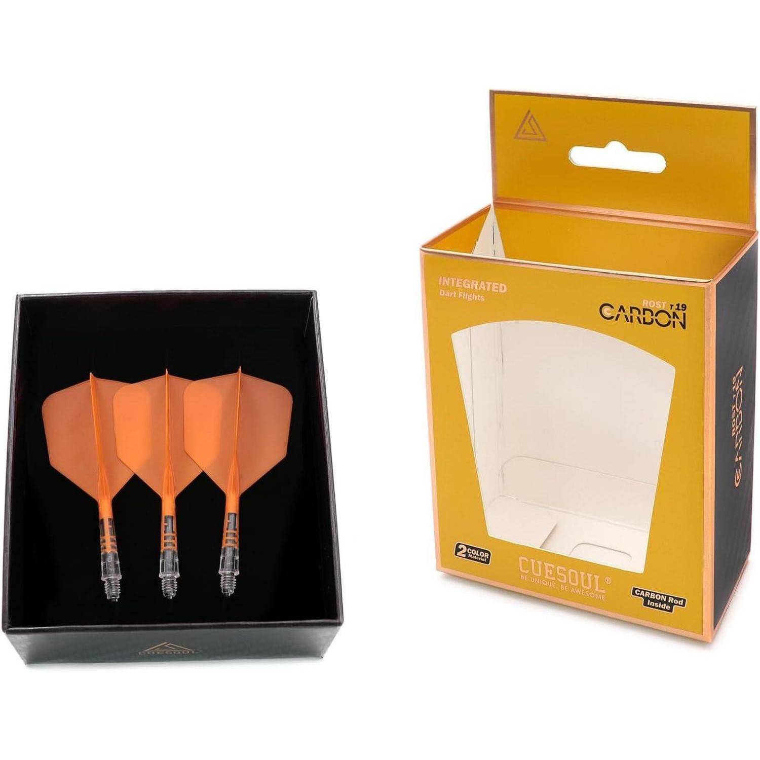 Dart-Set mit drei orangefarbenen Pfeilen mit schwarzen Details, daneben eine orangefarbene und schwarze Cuesoul-Verpackungsschachtel.