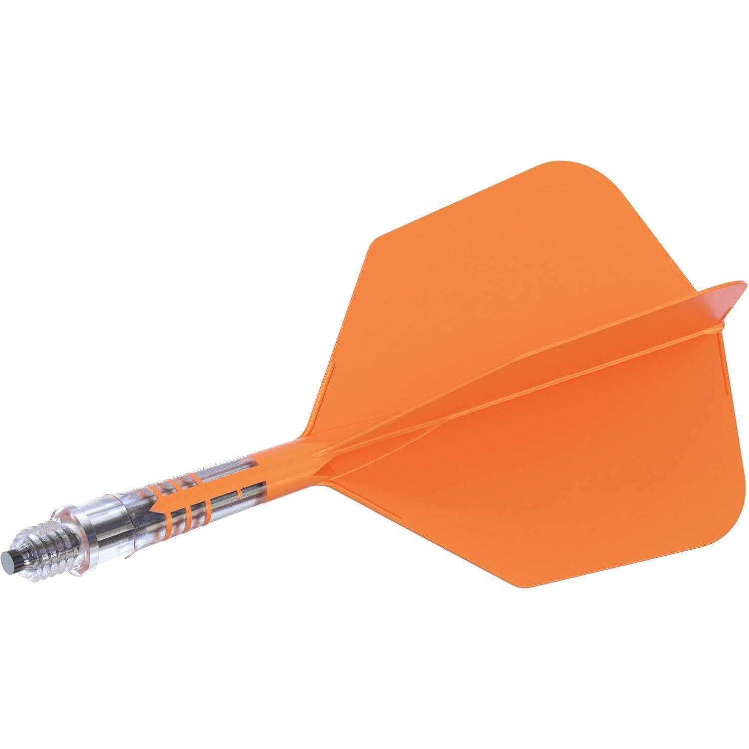 Ein orangefarbener Pfeil mit einer Metallspitze und einem schlanken Design, der üblicherweise bei Dartspielen und zum Zieltraining verwendet wird.