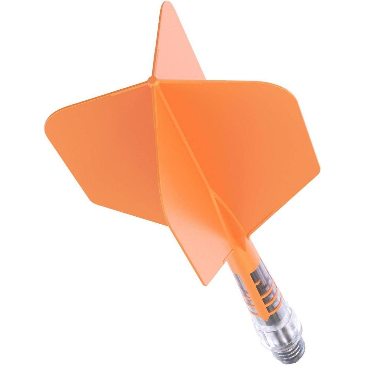 Ein orangefarbener Pfeil mit einer Metallspitze und Kunststoffflügeln, nach oben gerichtet, mit aerodynamischen Stabilisierungsflossen für die Luftführung.