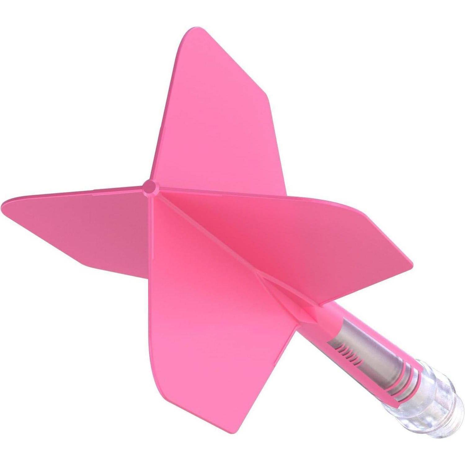 Ein rosa Wurfpfeil mit einem Vier-Finnen-Schwanz und einem transparenten Ende, der für Freizeitzwecke konzipiert ist.