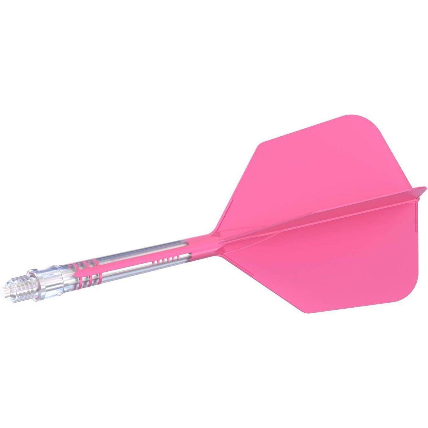Ein einzelner rosa Pfeil mit transparentem Schaft und metallfarbener Spitze auf weißem Hintergrund.