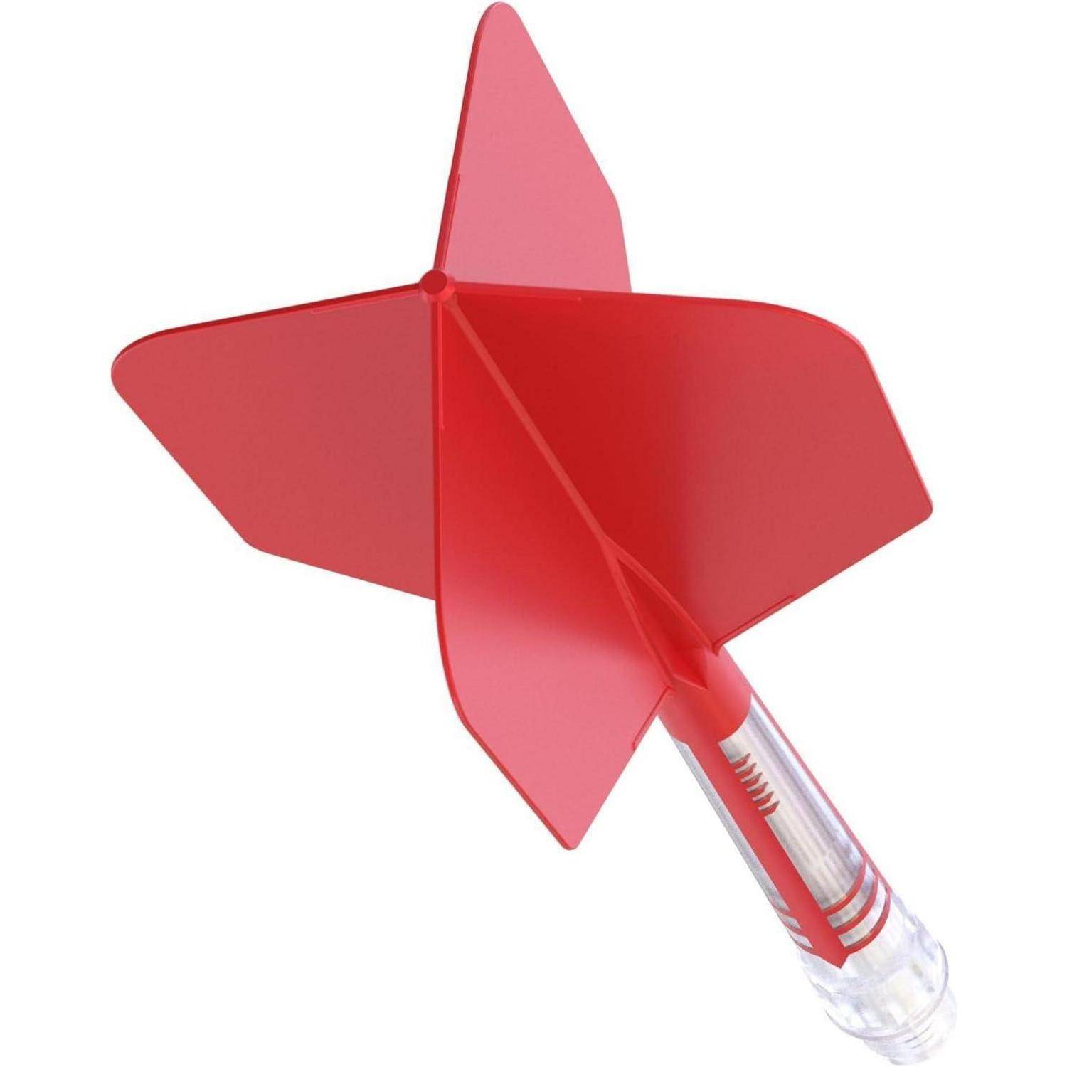 Ein roter Pfeil mit einem durchsichtigen, gestreiften Griff und vier nach oben gewinkelten Flügeln, der typischerweise in einem Dart-Spiel verwendet wird.