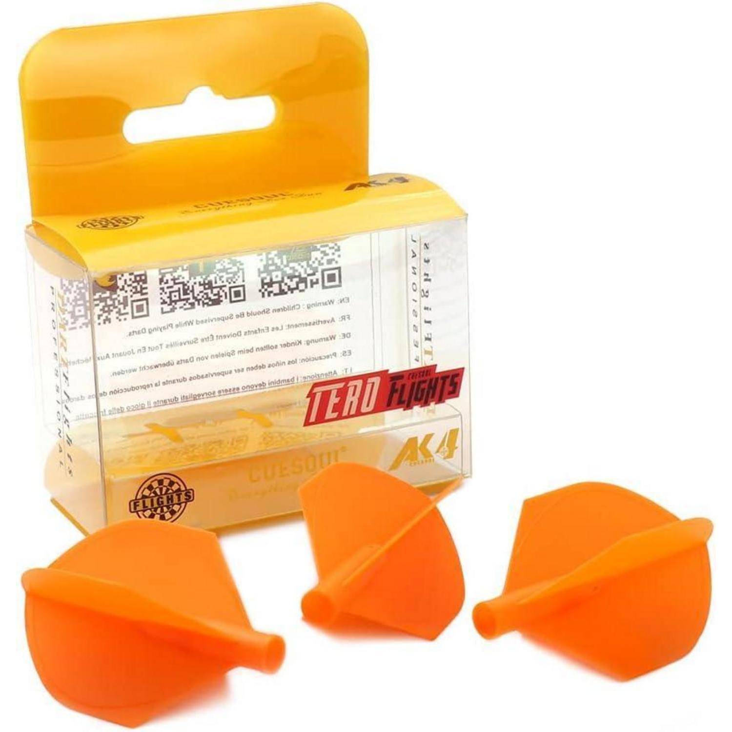 Drei orangefarbene Zero-Flüge vor einer Einzelhandelsverpackung, die Markendetails und QR-Codes zeigt.