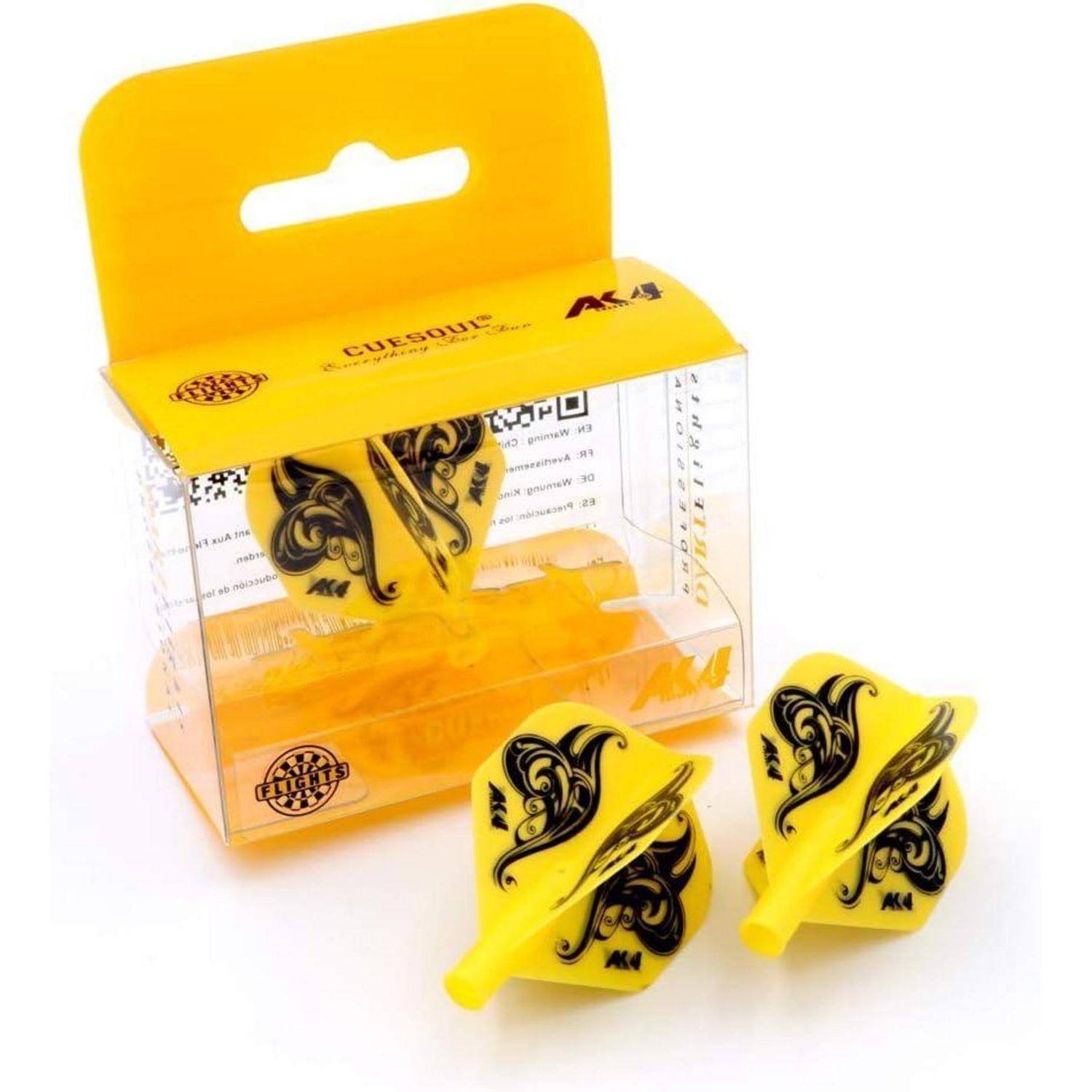 Gelbe Dartpfeile mit schwarzen Tribal-Designs in durchsichtiger Verpackung.