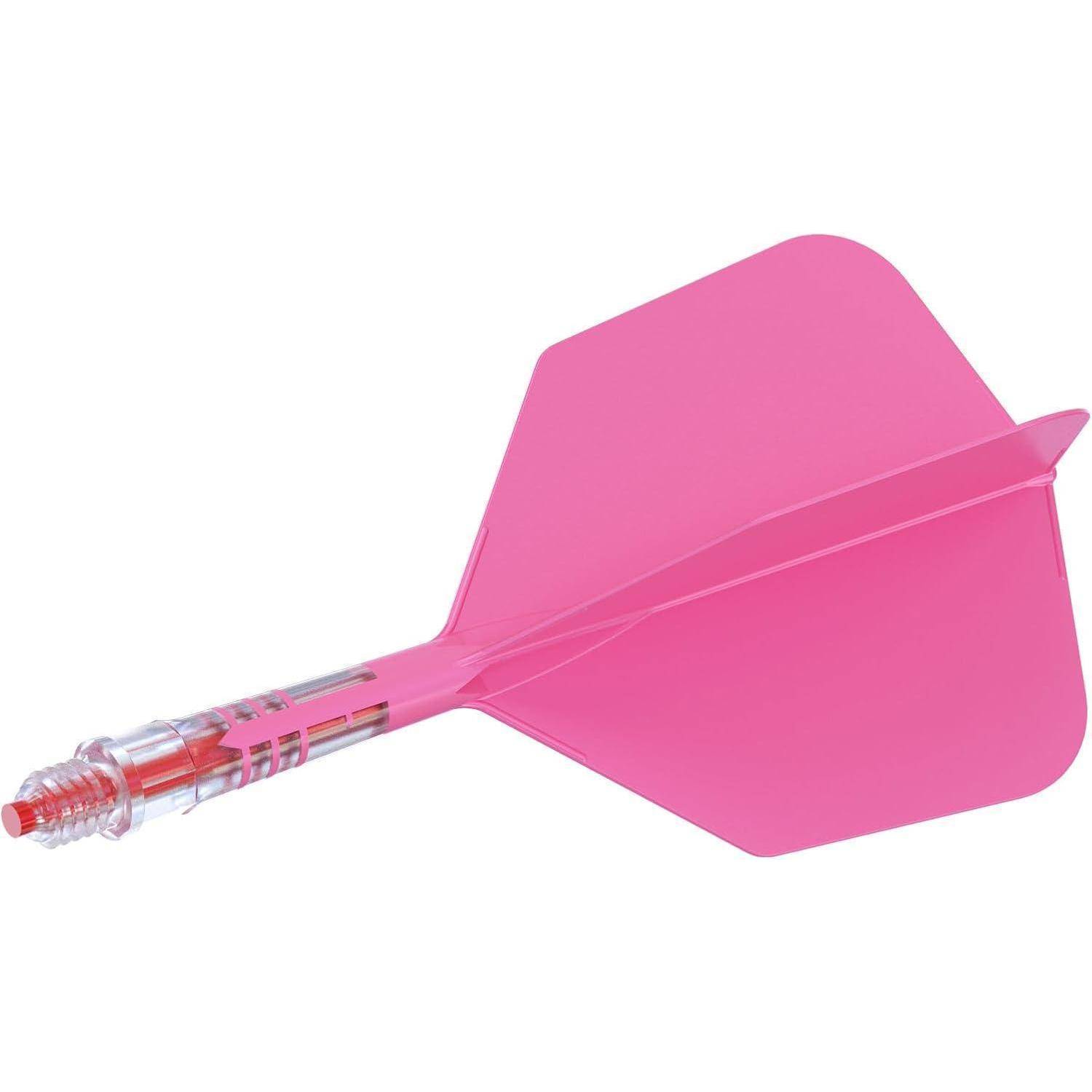 Ein einzelner rosa Pfeil mit einer klaren, spitzen Spitze und Kunststoffflügeln, verwendet für Dartspiele.