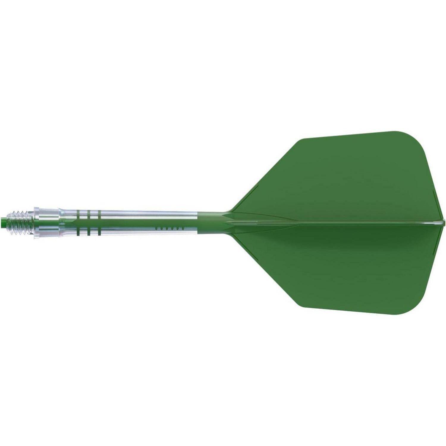Ein grüner Pfeil mit einem metallischen Schaft und einem Kunststoffflügel liegt horizontal vor einem einfarbig weißen Hintergrund.