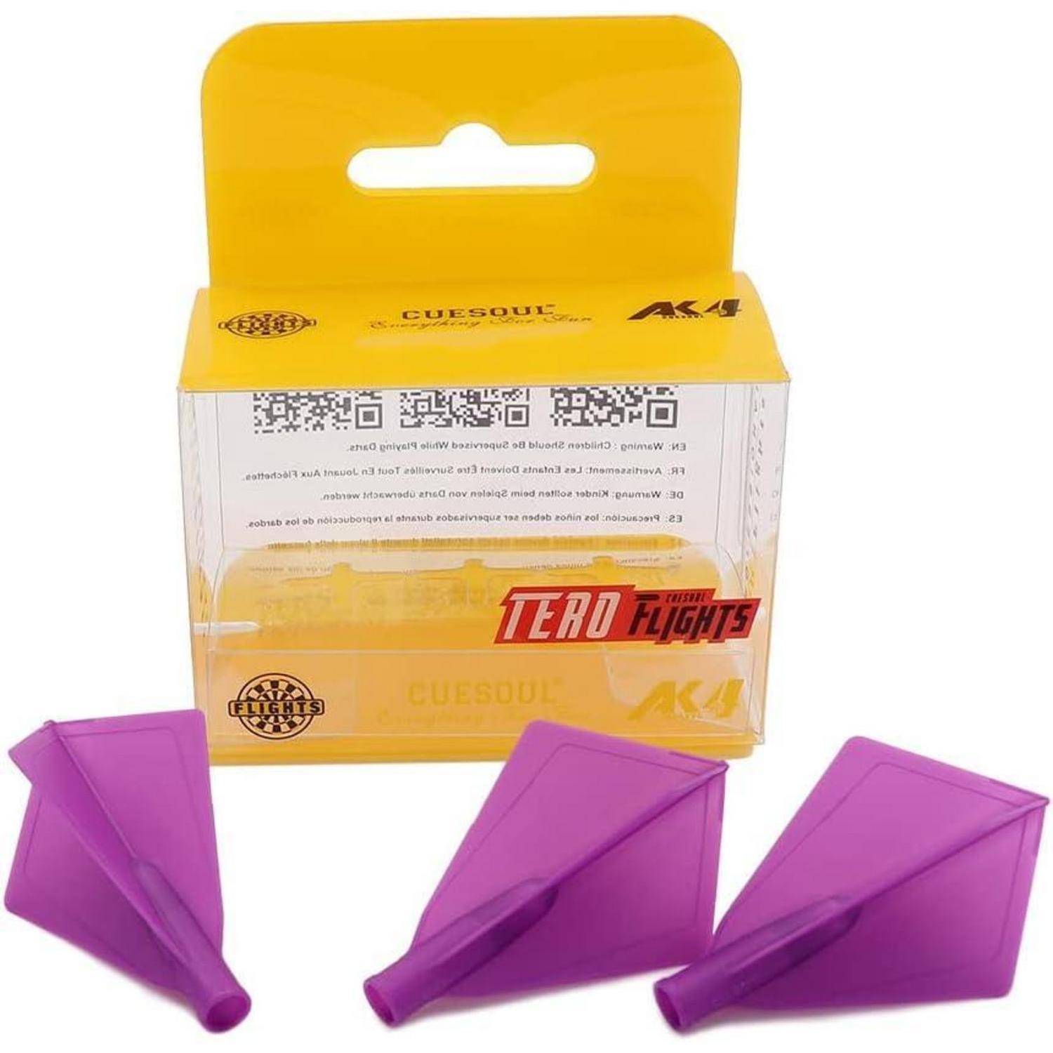 Eine transparente Verpackung enthält drei lila Dartflights, die mit „Tero Flights