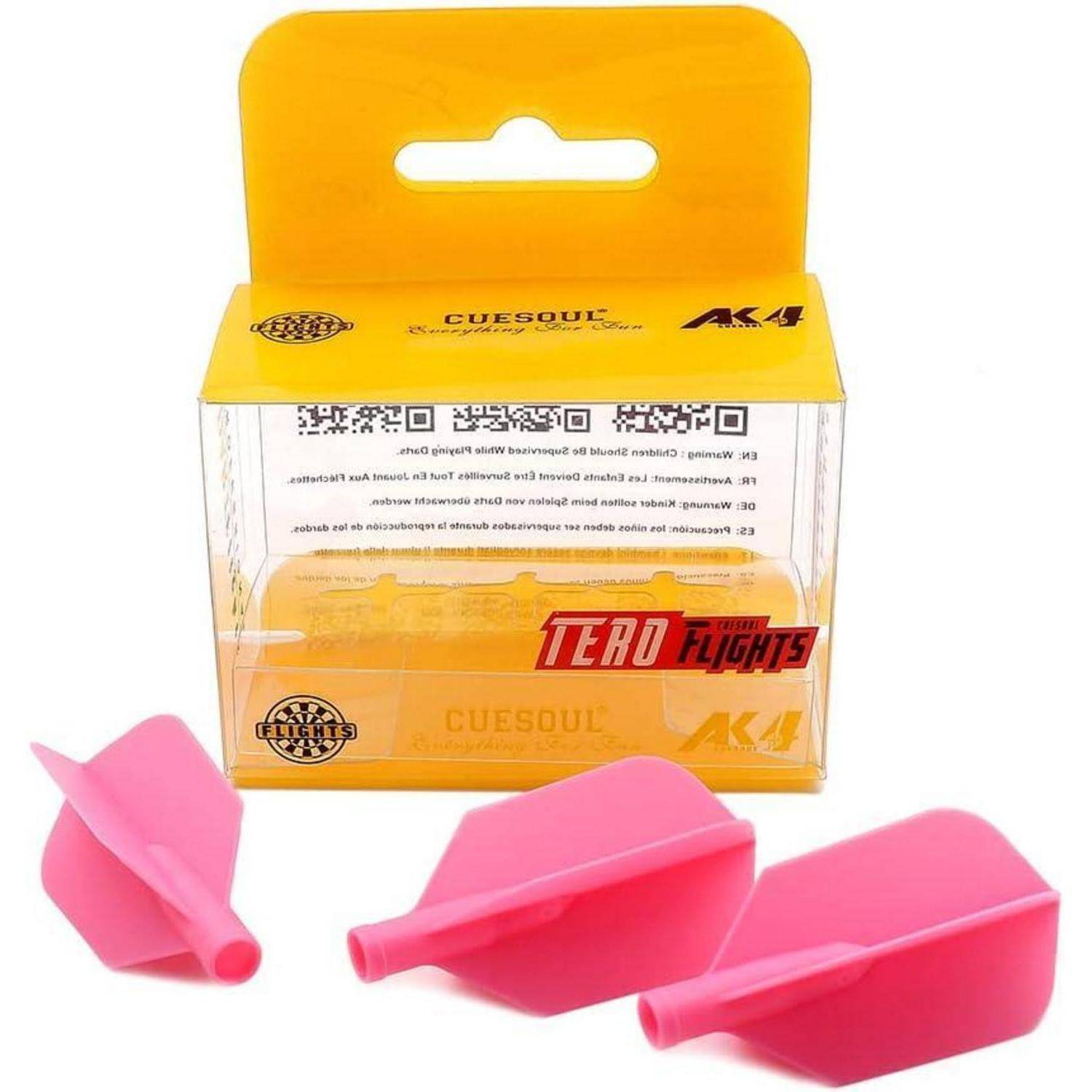 Schachtel mit rosa Dartflights, beschriftet mit 'CUESOUL AK4 TERO Flights'. Enthält drei rosa Flights, Verpackung zeigt QR-Codes und Markenlogos.