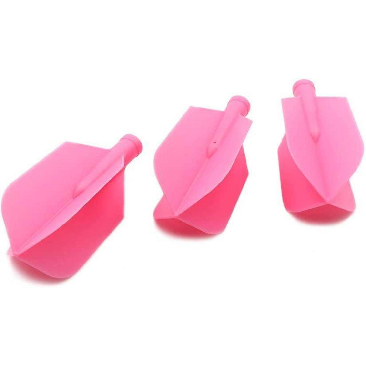 Drei rosa propellerförmige Objekte, höchstwahrscheinlich aus Silikon, die dazu dienen, Plastiktüten offen zu halten. Sie haben gewinkelte Klingen und griff-ähnliche Oberteile.