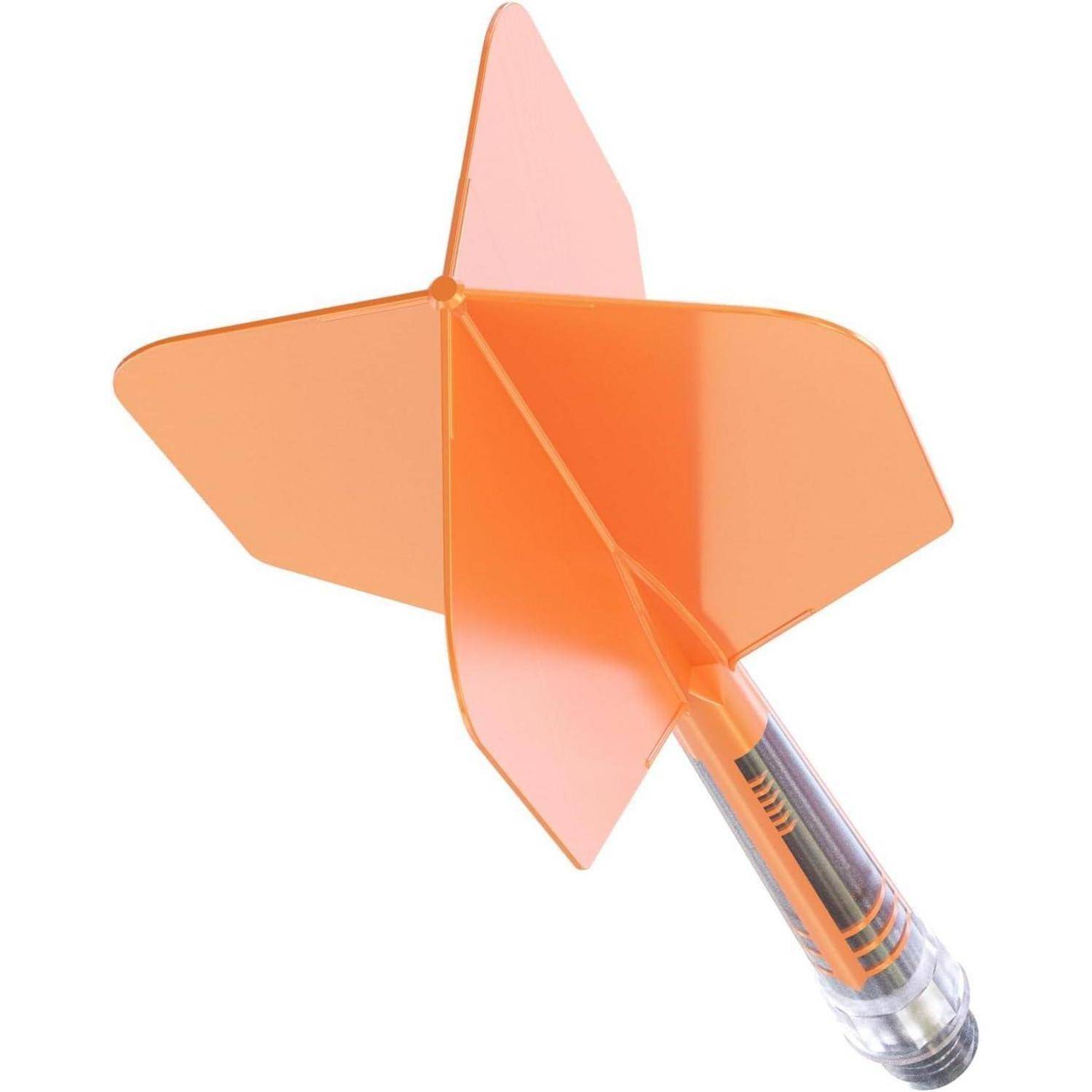 Eine klare orangefarbene Plastikspielzeug-Rakete mit vier dreieckigen Flügeln, konstruiert zum Abschießen.