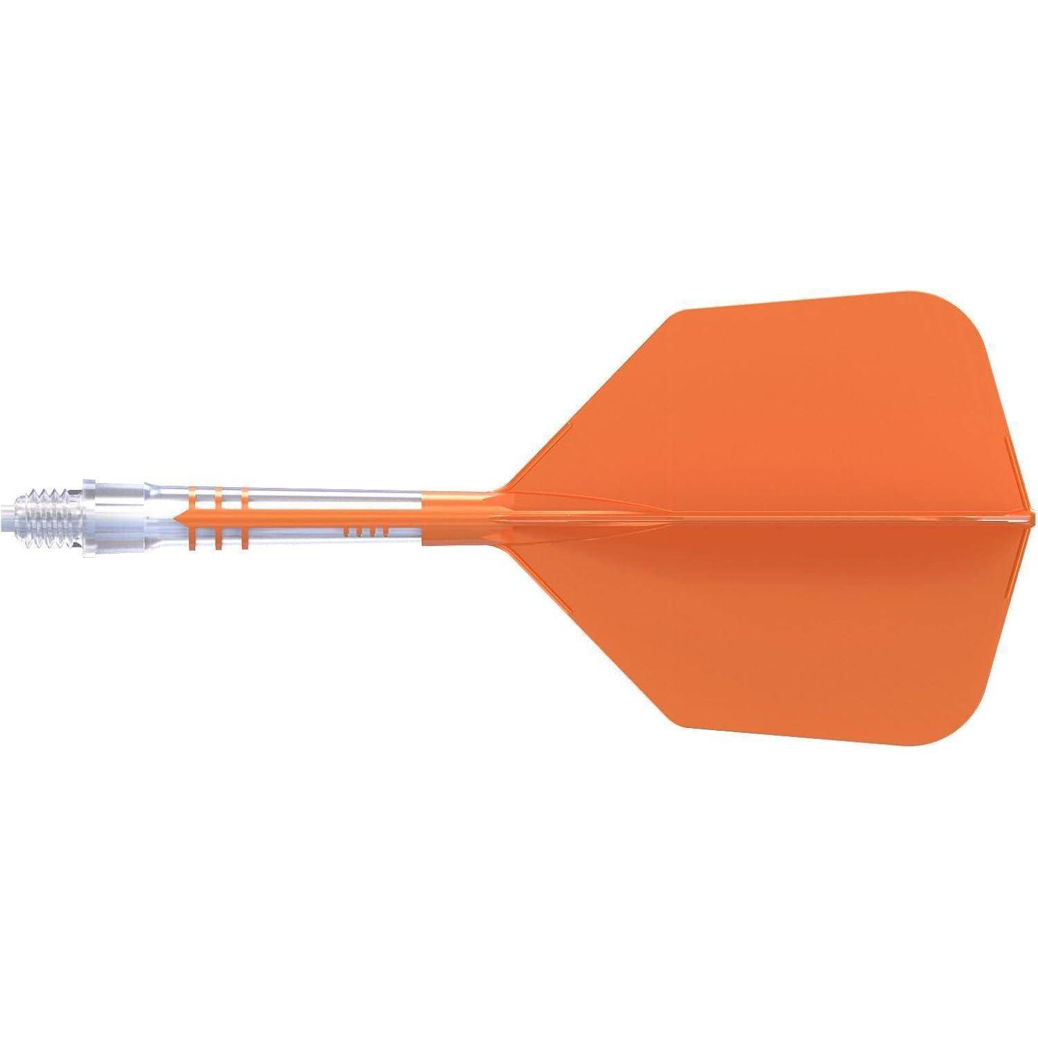 Ein orangefarbener Pfeil mit einer metallischen Spitze und klarem Schaft, der zum Spielen von Dartscheibenspielen verwendet wird.