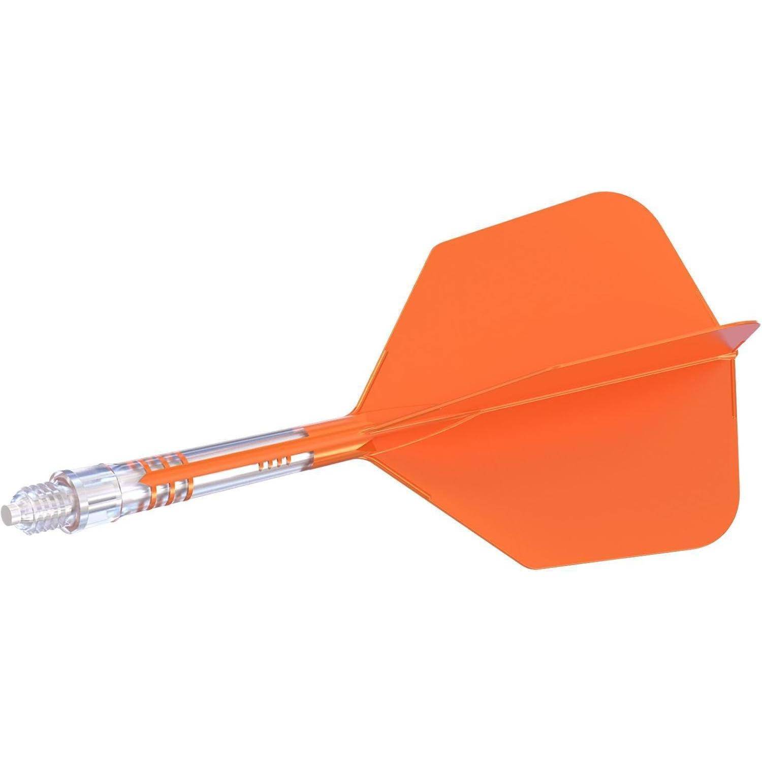 Ein orangefarbener Dartpfeil mit transparentem Schaft und Kunststoffflügel, konzipiert für Dartspiele.
