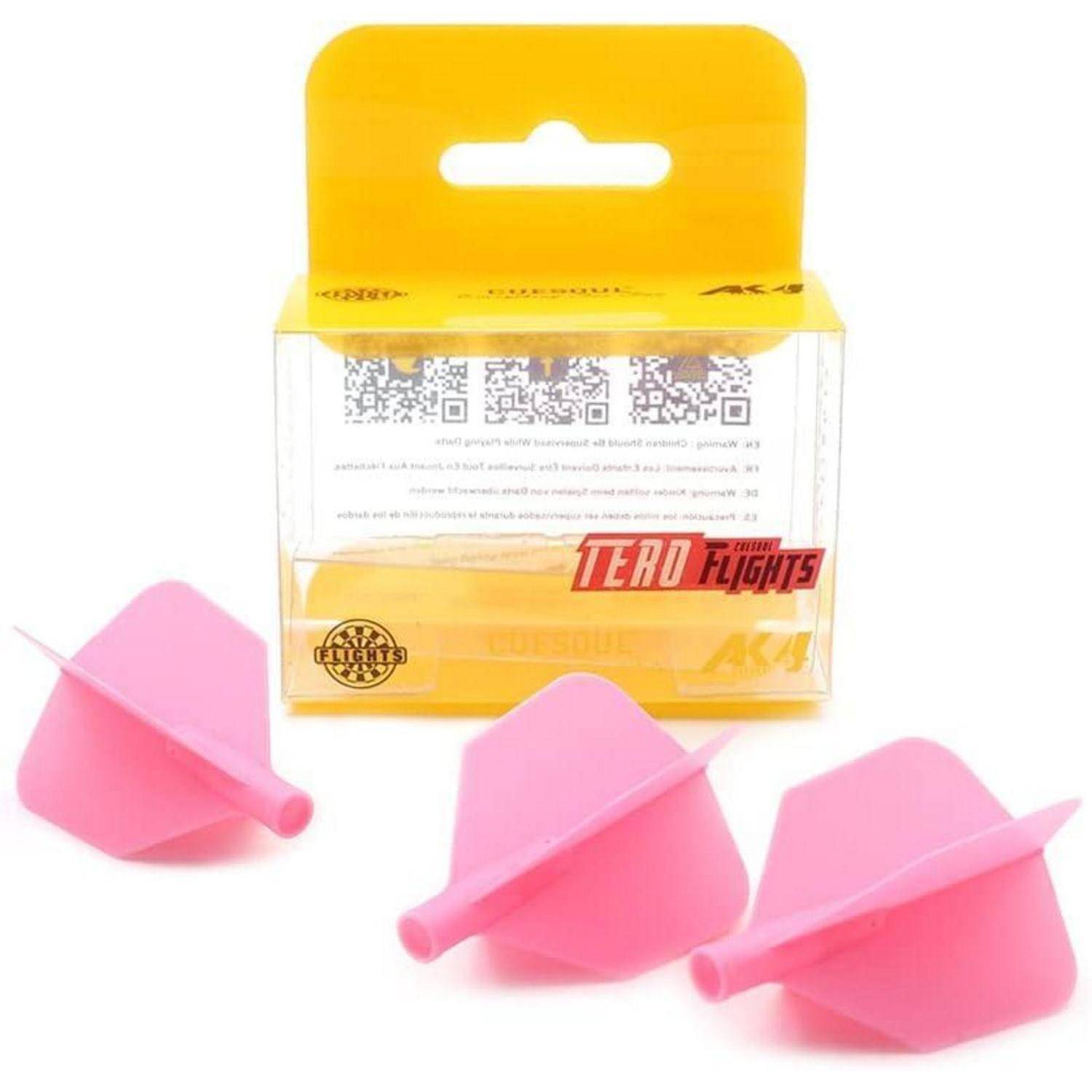 Gelbes Paket mit 'Tero Flights' Branding und drei pinken Dartflights im Vordergrund.