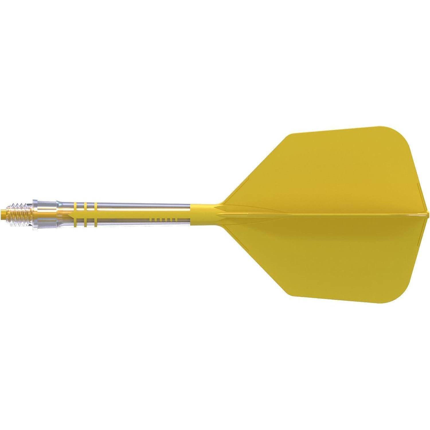Ein gelber Dart mit einer metallisch silbernen Spitze und Schaft, horizontal auf einem weißen Hintergrund liegend.