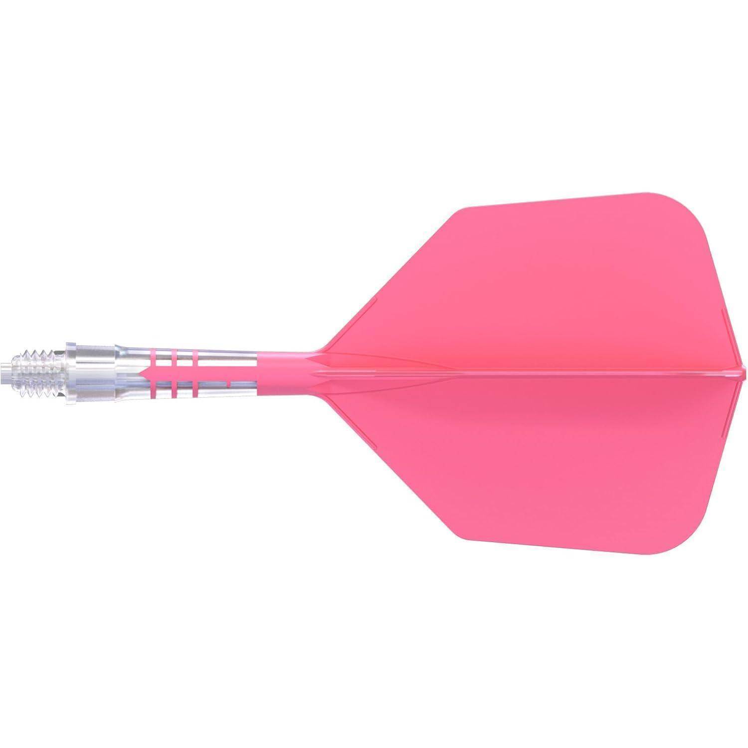 Ein rosa Pfeil, isoliert vor einem einfarbigen weißen Hintergrund, der die metallische Spitze und die Kunststoffflügel zeigt, verwendet für Dartscheibespiele.