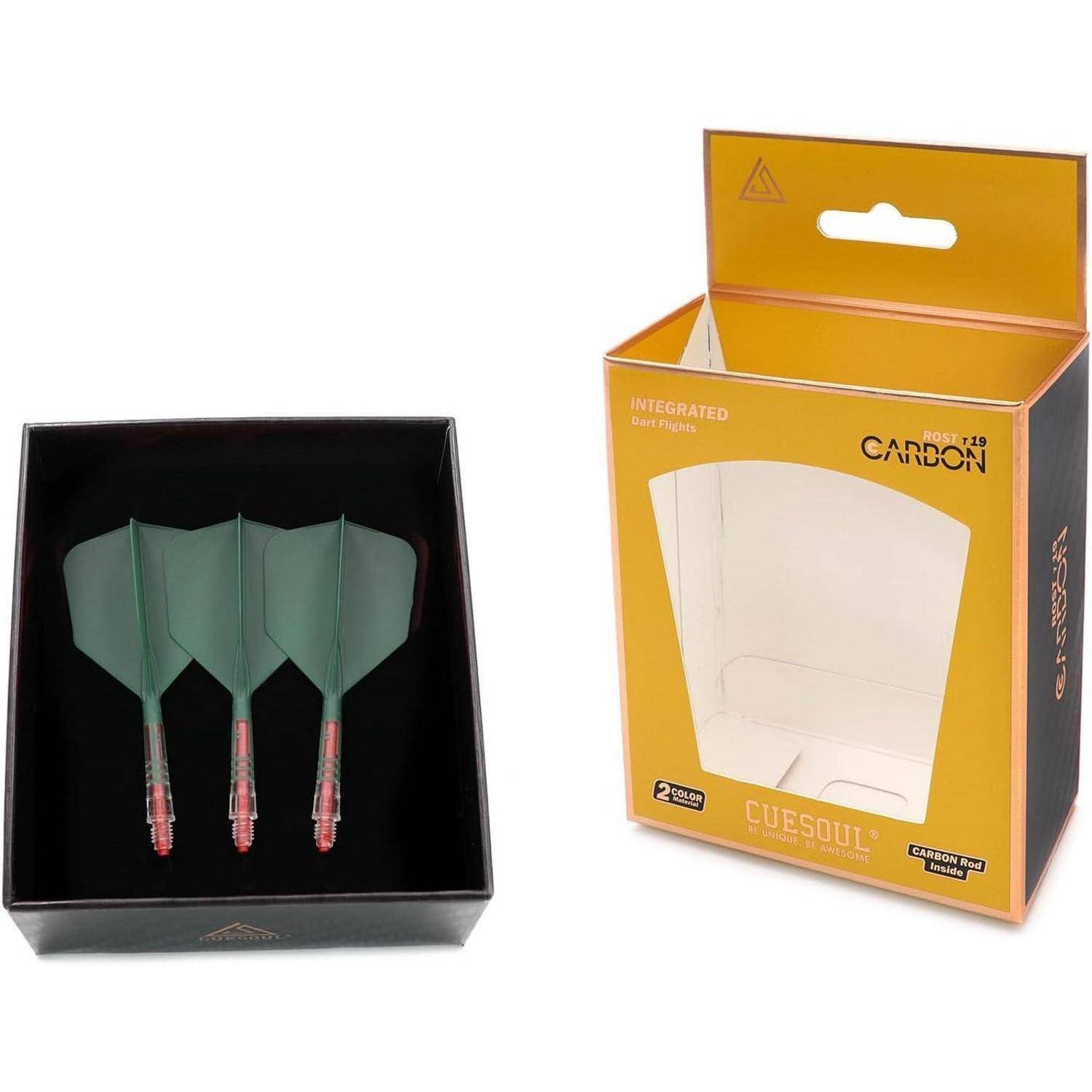 Dart-Flights in einer Schachtel neben einer leeren Markenverpackung, die mit Cuesoul beschriftet ist und für integrierte intelligente Flights konzipiert ist.