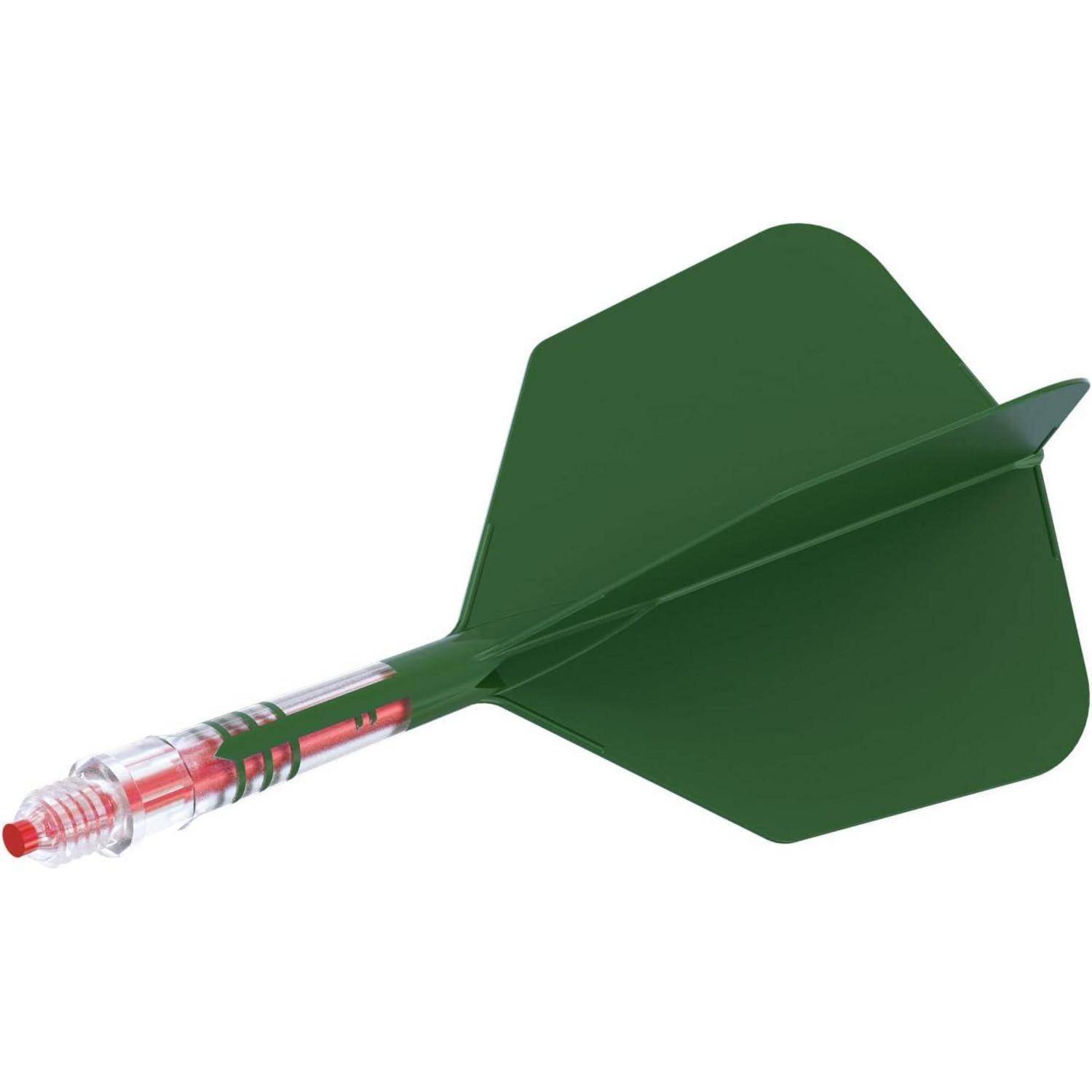 Ein Pfeil mit einem grünen Flügel und einem klaren, rot gespitzten Lauf, der üblicherweise in Dartspielen zum Zielen auf eine Dartscheibe verwendet wird.