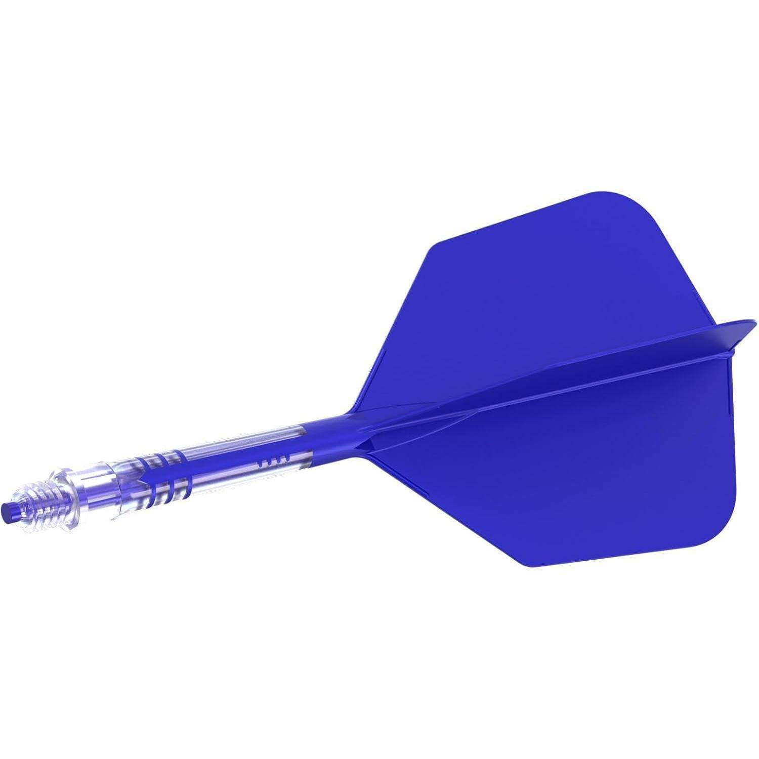 Ein blauer Pfeil mit einer metallischen Spitze und Kunststoffflügeln, horizontal ausgerichtet.