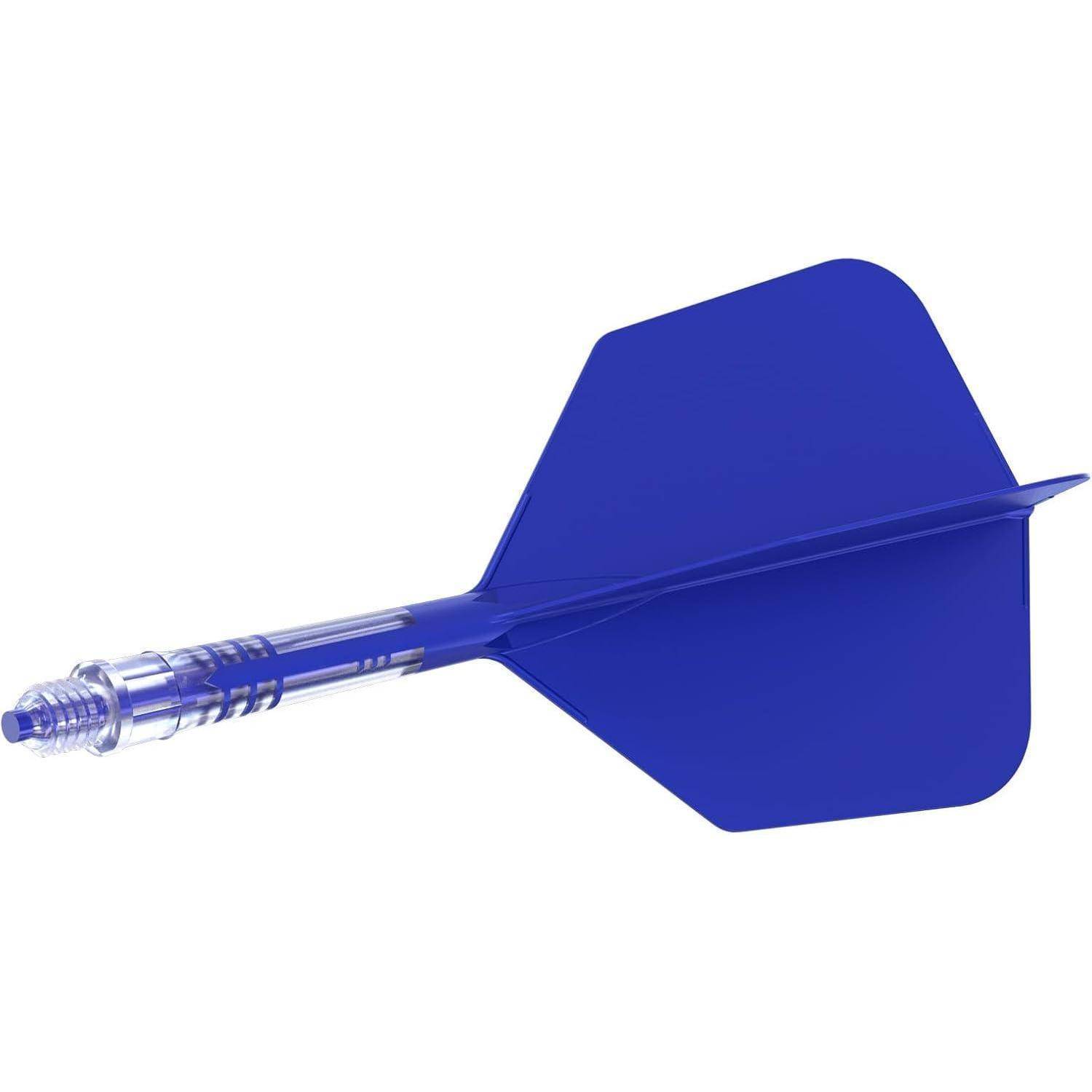 Ein blauer Pfeil mit einem durchsichtigen Plastikkörper und blauen Flügeln, entwickelt für Dartwurfspiele. Die Flügeln sind breit und bieten Stabilität während des Fluges.