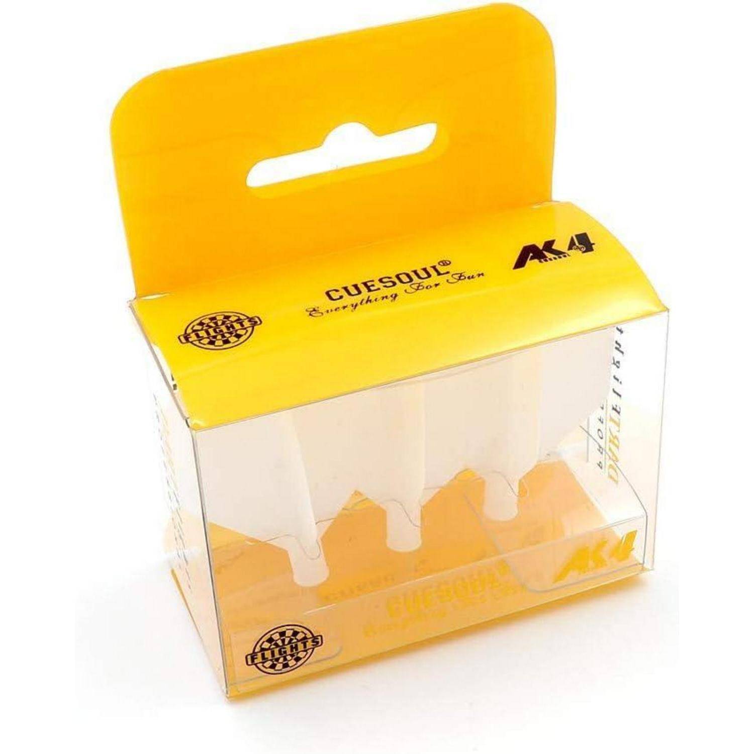 Dreierpack weiße Dart-Flights in einer transparenten gelben Box mit der Aufschrift 
