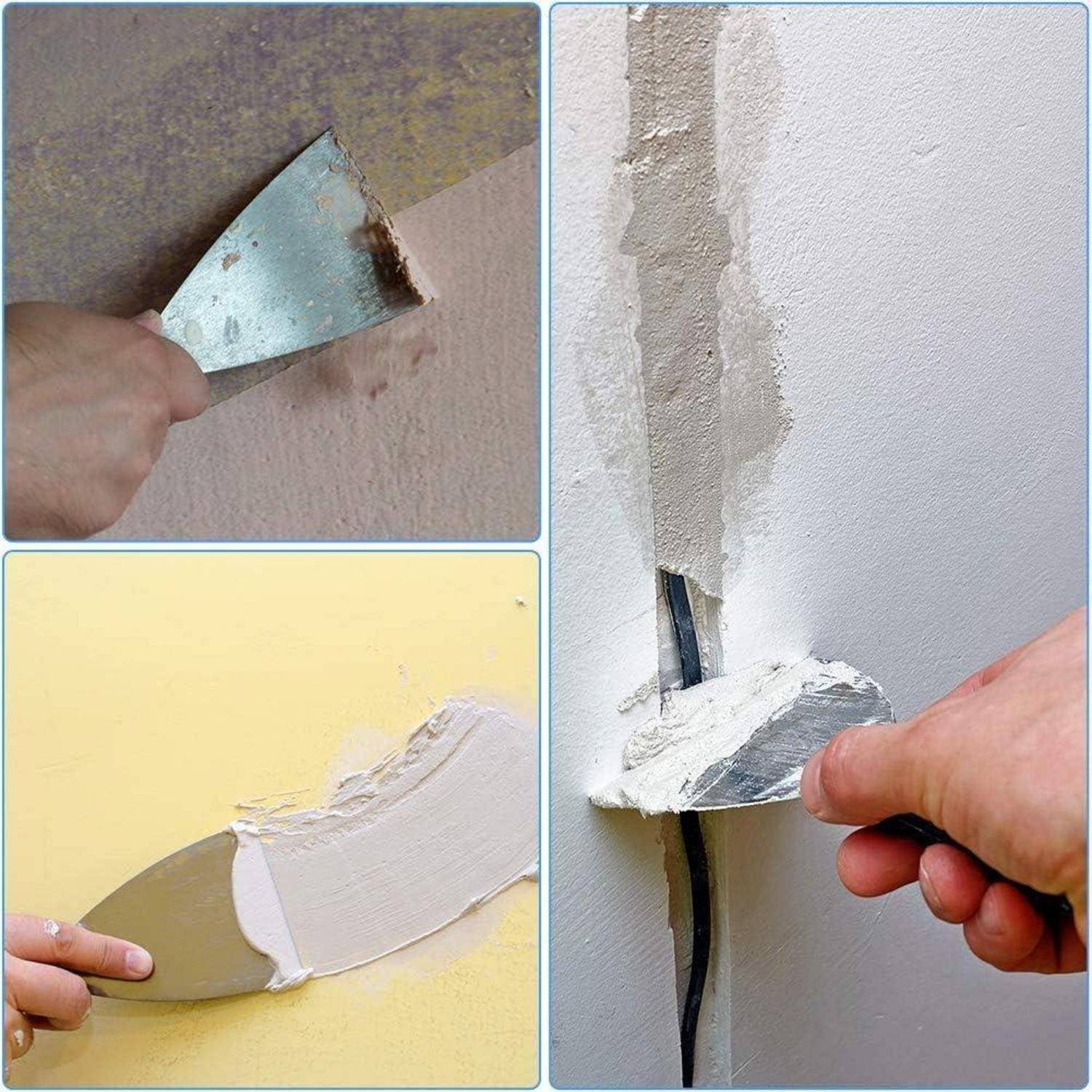 Zwei Hände, die Wände reparieren und einen Spachtel verwenden, um Putz über Risse und Kabel aufzutragen, um eine glatte Oberfläche vorzubereiten.