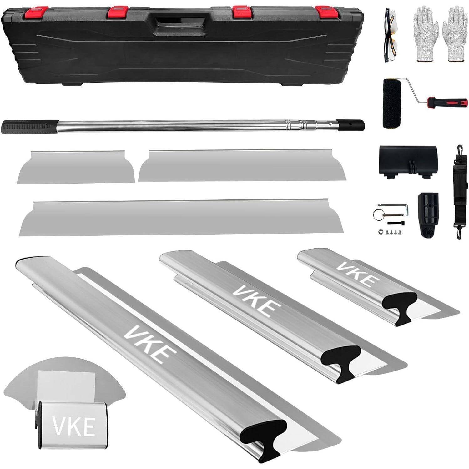 Betonglättungswerkzeug-Set beinhaltet eine schwarze Tasche, Metallstangen, verschiedene Anbauteile und Handschuhe, entwickelt zum Ebnen von Oberflächen.