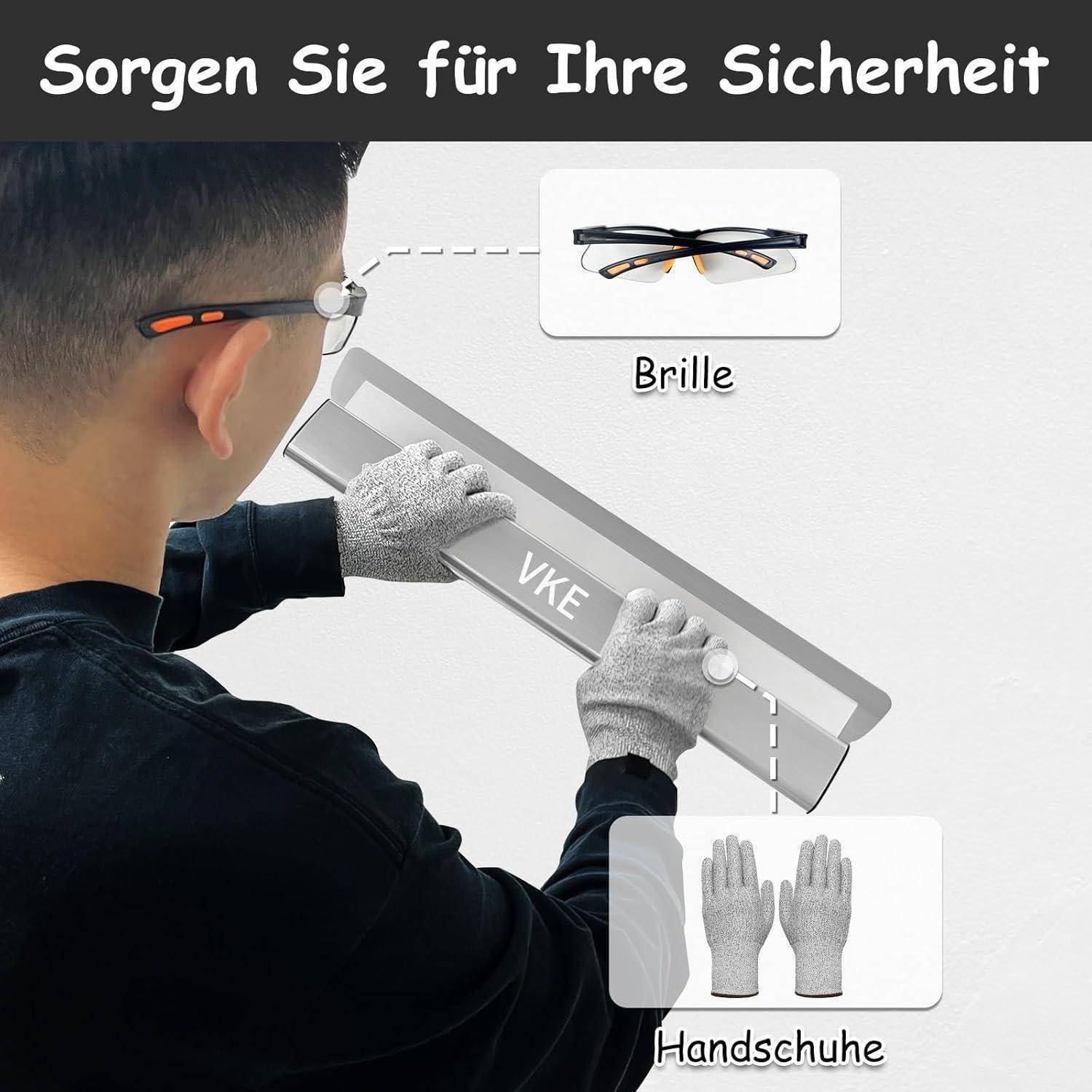 Eine Person mit Schutzbrille behandelt einen mit 'VKE' gekennzeichneten Gegenstand mit Handschuhen. Der Text lautet: 'Sorgen Sie für Ihre Sicherheit', wobei Sicherheit betont wird.