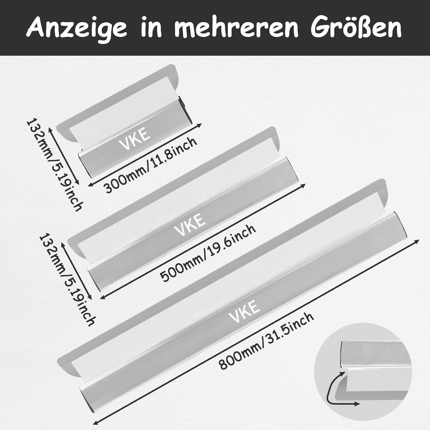 Drei Größen von Metall-Wandhalterungen für Werkzeugaufbewahrung: 300mm/11,8in, 500mm/19,6in und 800mm/31,5in. Grau mit 'VKE'-Beschriftung.