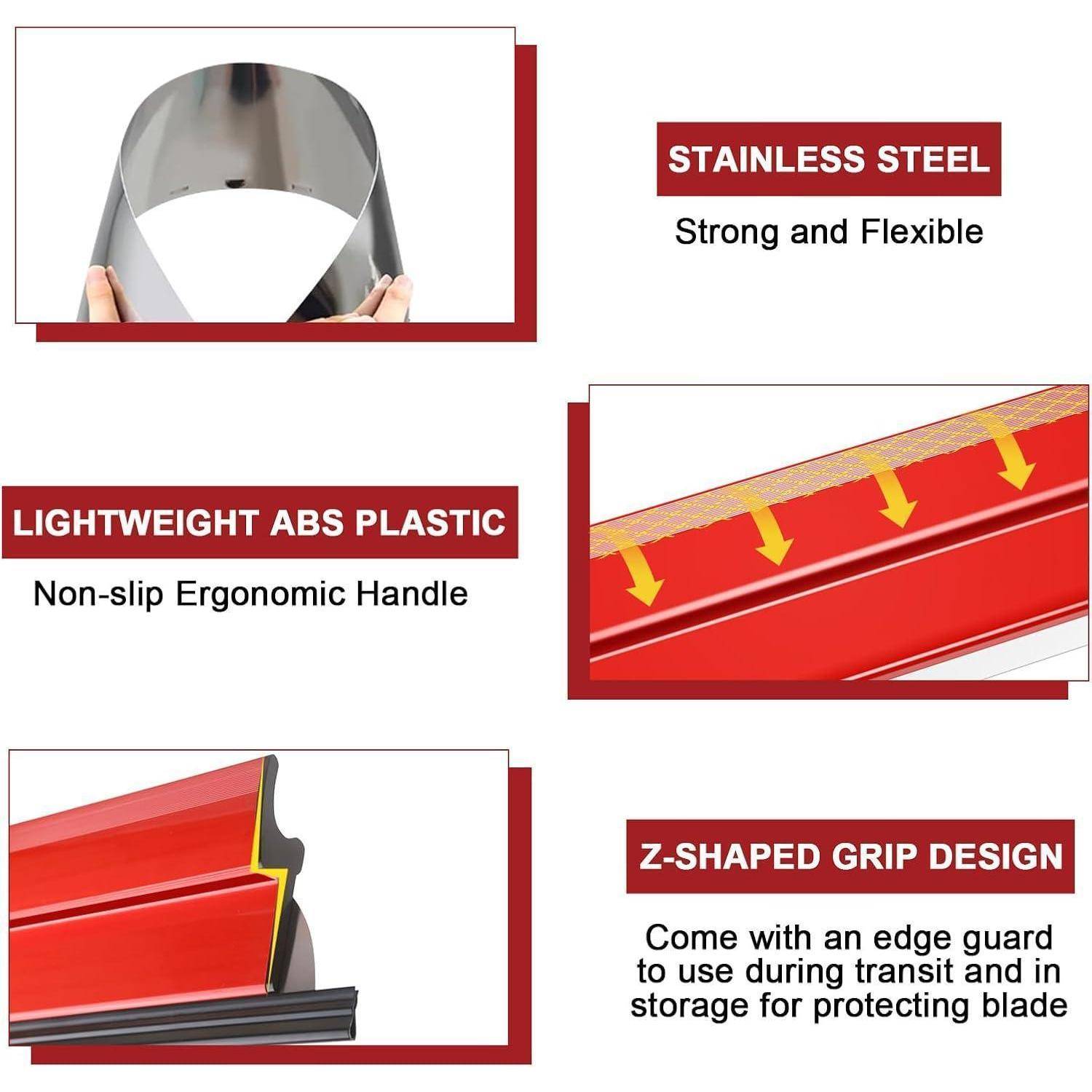 Bild, das drei Merkmale eines Konstruktionswerkzeugs zeigt: Edelstahl, leichter ABS-Kunststoffgriff und Z-förmiges Griffdesign.