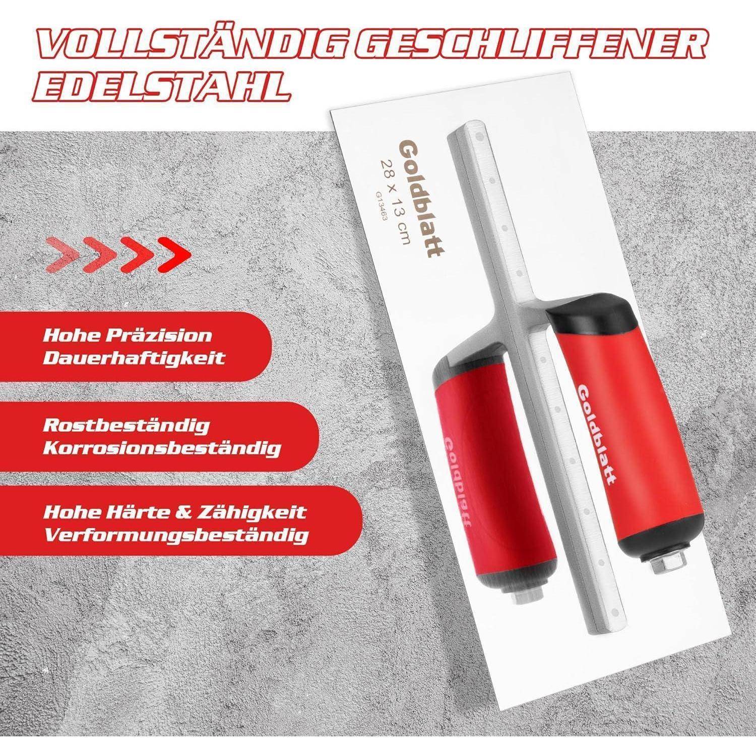 Ein rot-silbernes Handwerkzeug mit der Aufschrift 'Goldblatt', das für Präzisionsaufgaben entwickelt wurde. Der beschreibende Text deutet auf Langlebigkeit und Korrosionsbeständigkeit hin.