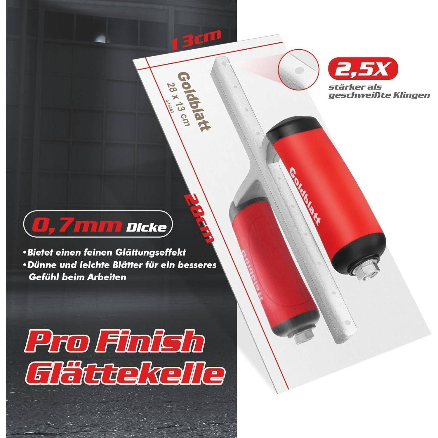 Eine 'Pro Finish Glättekelle' mit rotem Griff, mit Betonung einer Klingenstärke von 0,7 mm und stärkerer Leistung. Der Text betont die verbesserte Leistung und angenehme Handhabung.