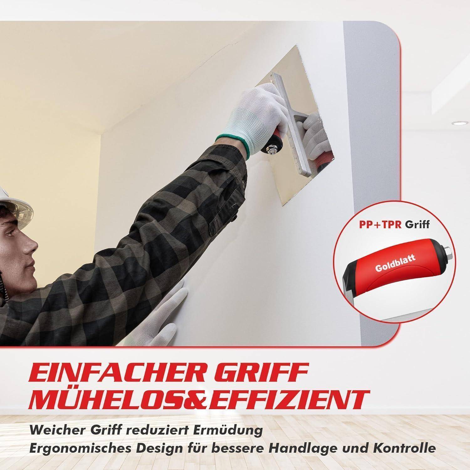 Ein Mensch glättet eine Wand mit einer Kelle. Text lautet: 'EINFACH & EFFIZIENT, Ergonomisches Design reduziert Ermüdung.