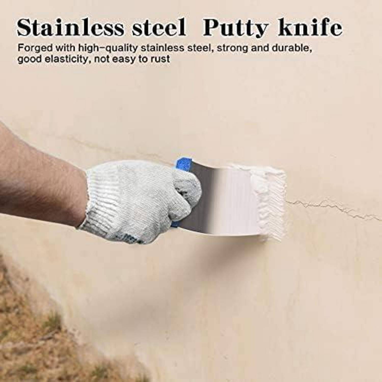 Eine mit einem Handschuh bedeckte Hand trägt weißen Spachtel an einer Wand mit einem Edelstahl-Spachtel auf. Der Text hebt die Haltbarkeit und Korrosionsbeständigkeit des Messers hervor.